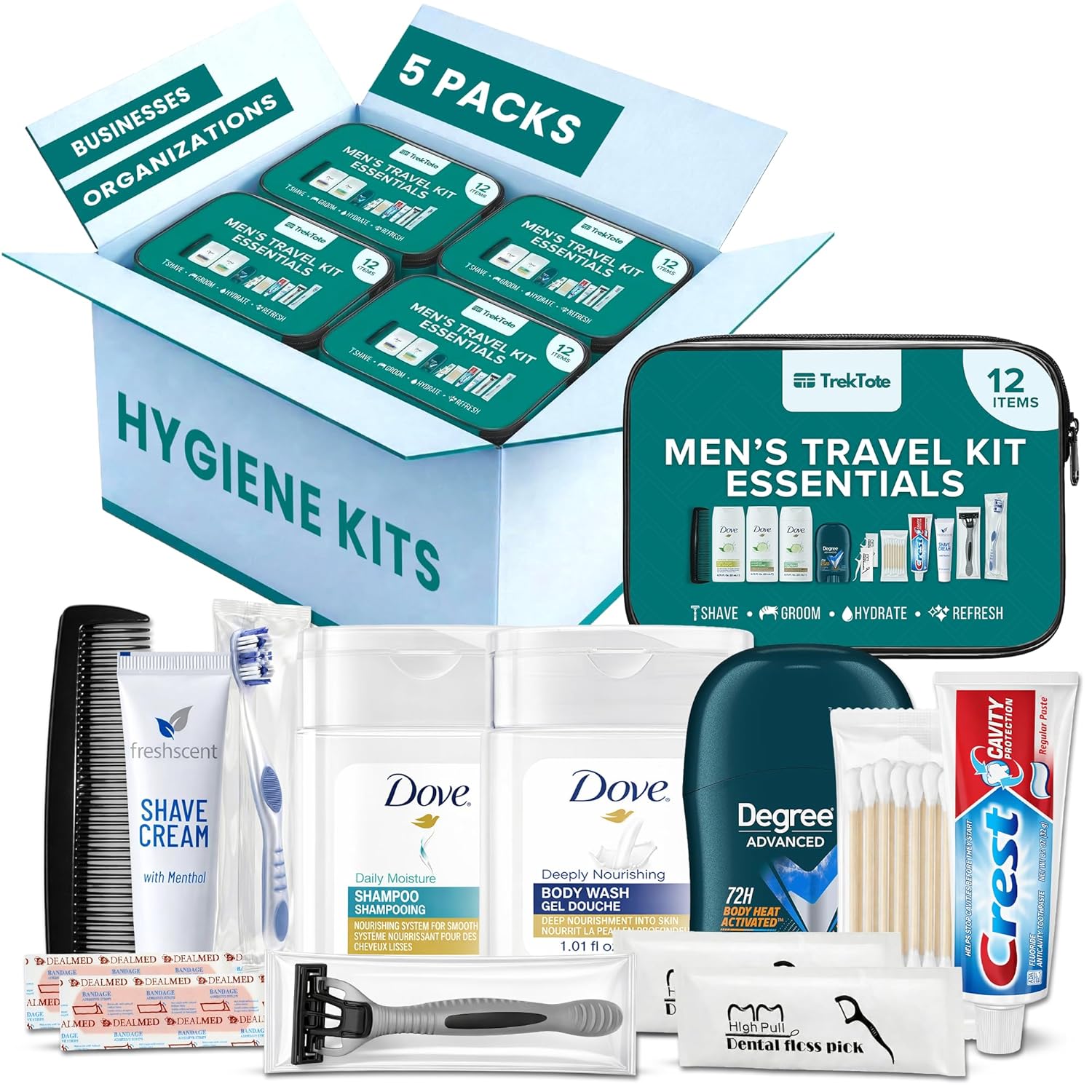 TrekTote Bulk Men’s Travel Hygiene Kits Case Pack of 12 Piece Kits TSA Approved Travel Size Toiletry Kits with Toothbrush Toothpaste Deodorant Razor for Shelters Outreach Emergency Use