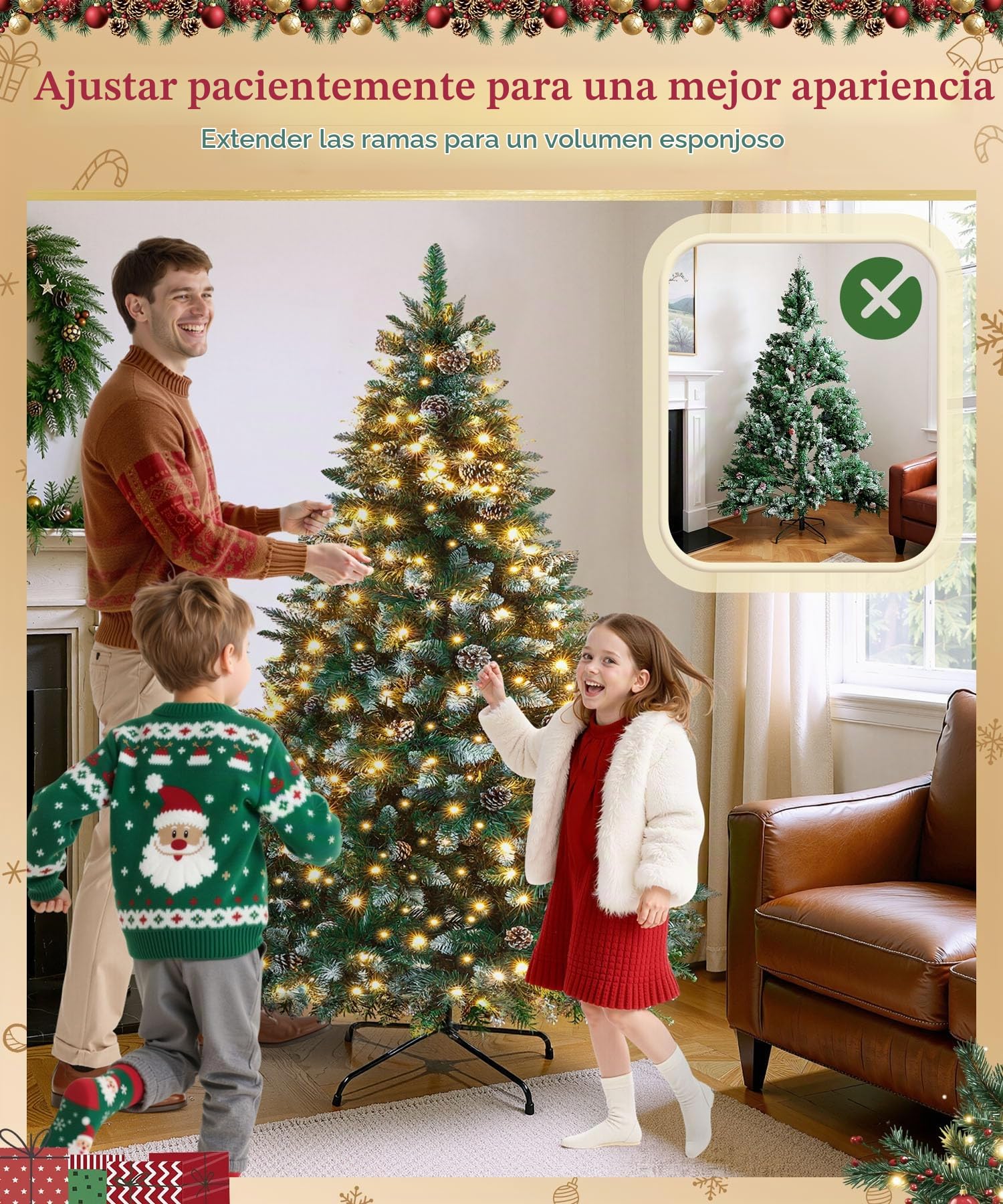 Yorbay Árbol de Navidad Artificial con Luces Led de Color Blanco cálido y Blanco Nevado Grande (150 cm 240LED)