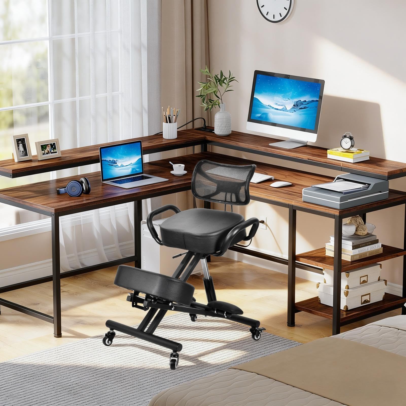 Silla ergonómica de rodillas con respaldo y reposapiés, Altura Ajustable, Cojines Gruesos, Ruedas con Bloqueo para Oficina en casa, Taburete Corrector de Postura para aliviar el Dolor de Espalda.