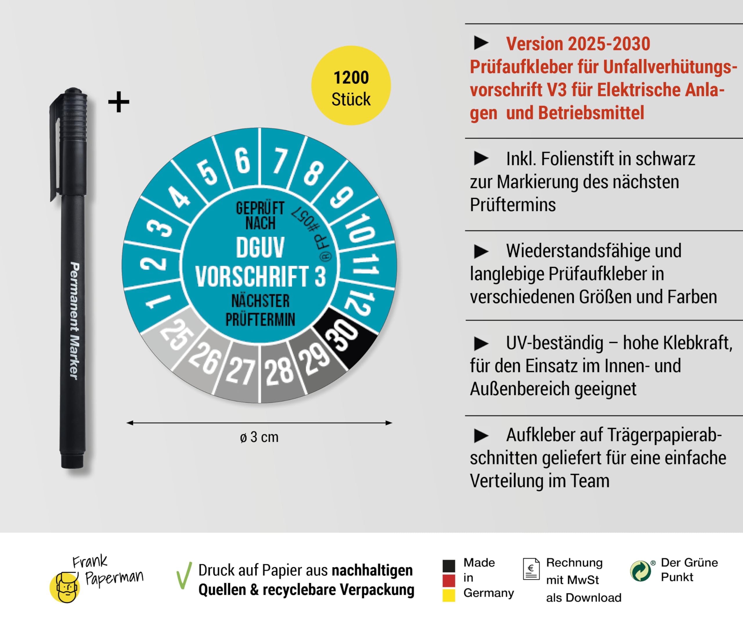 1200x DGUV V3 Prüfplaketten blau 20 mm Durchmesser inkl. Folienstift, Prüfplaketten Nächster Prüftermin, UV-beständig, Hohe Klebkraft, 5 Farben, 2 Größen