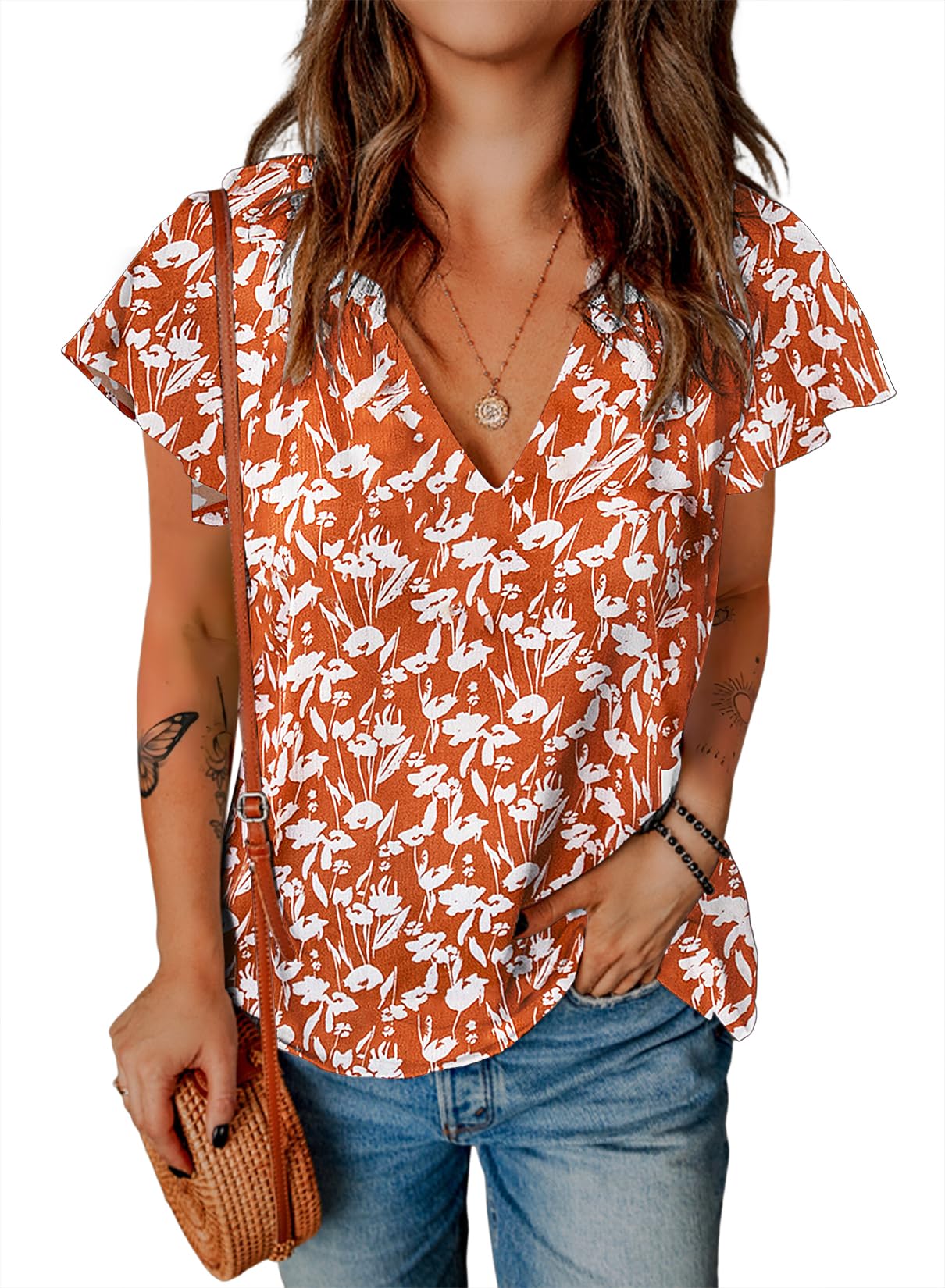 SimpleFun Women's Boho Tops Floral V Neck Short Sleeve Summer Blouse Shirts