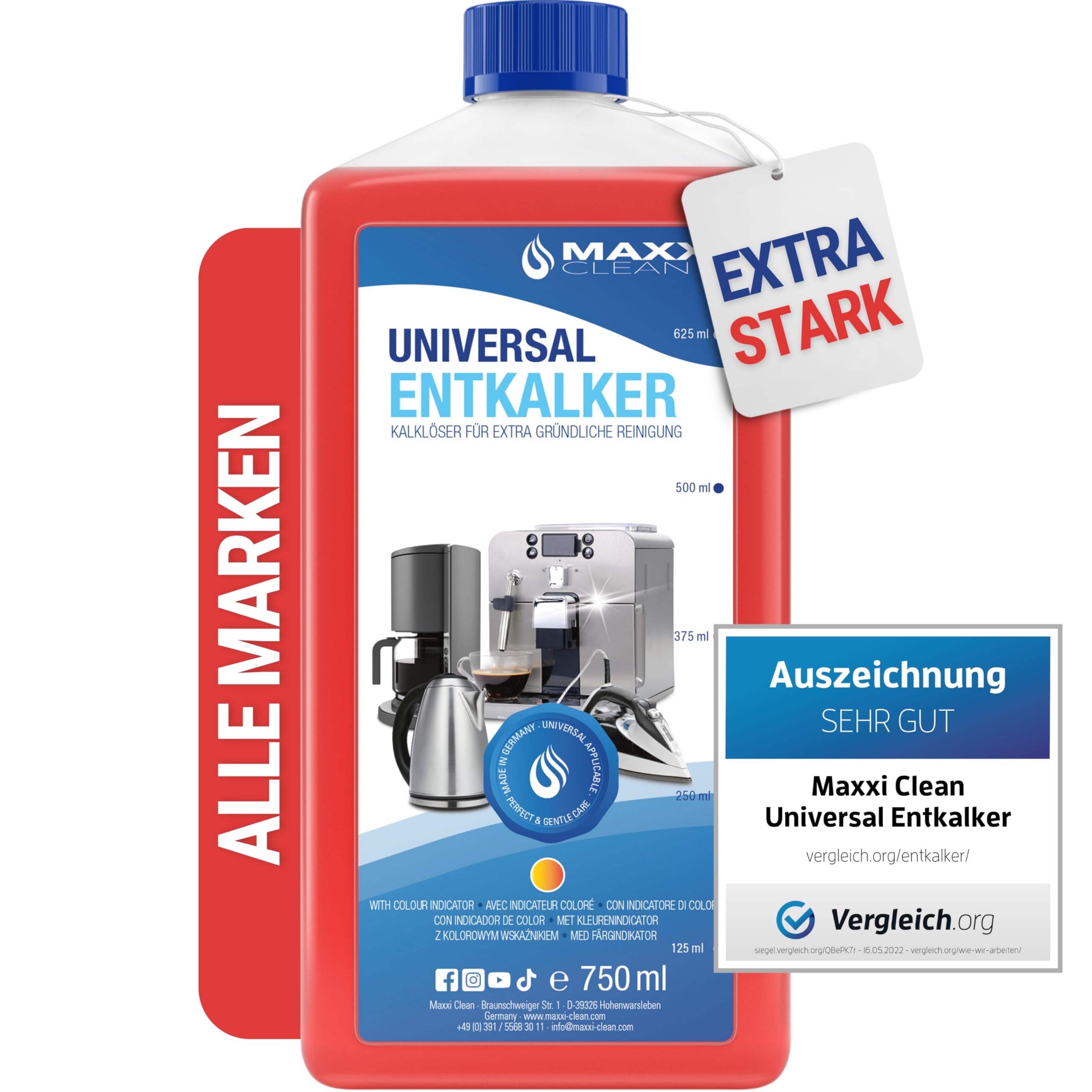 Maxxi Clean | 1x 750 ml Universal Entkalker Konzentrat für Kaffeemaschinen & Kaffeevollautomaten aller Typen | für 6 Entkalkungsvorgänge | universelle Gerätereinigung gegen Kalk und Verschmutzungen