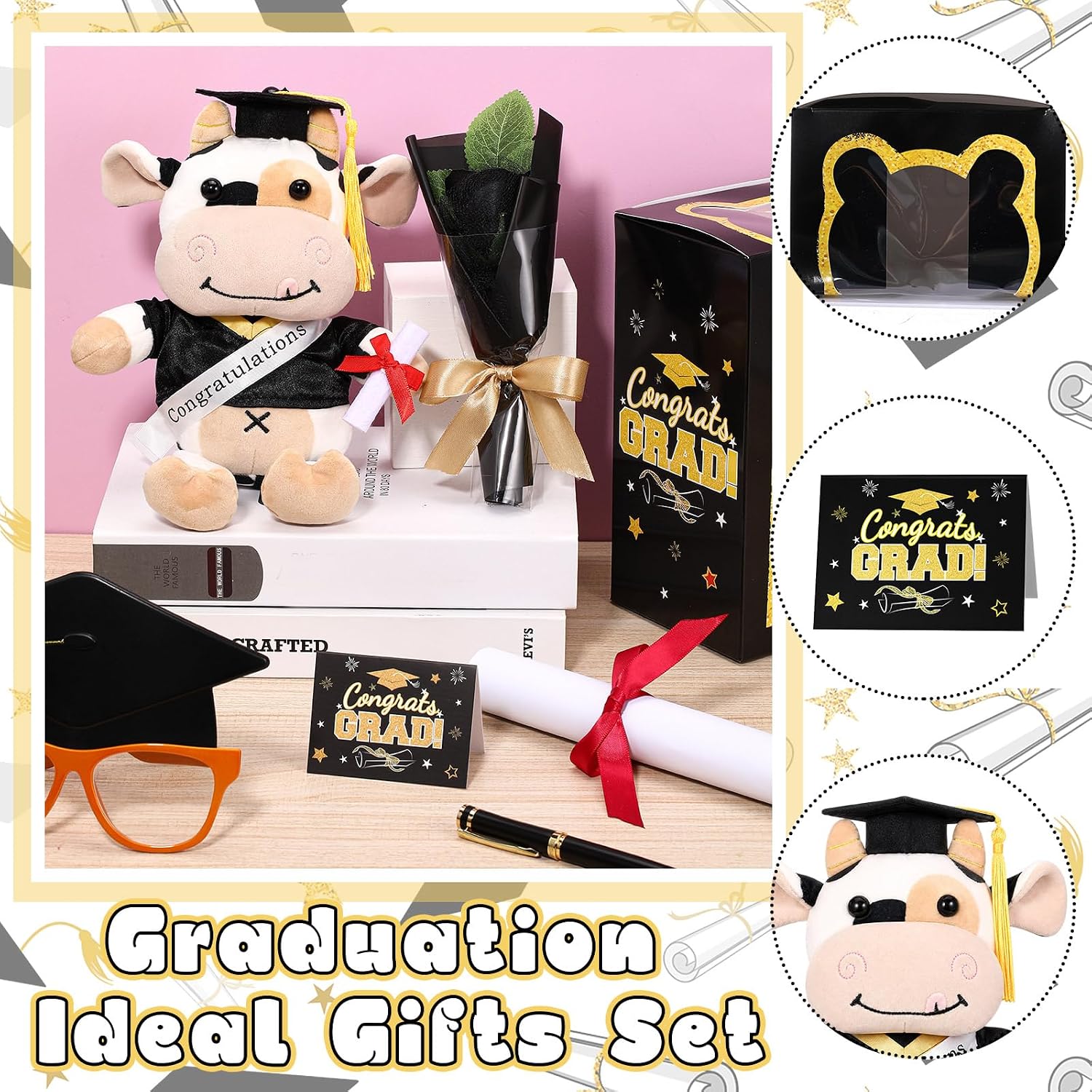 Hollowfly Graduation Cow Gifts Set Include Graduation Cow of 2026 Stuffed Animal with Cap and Gown, Artificial Flower, Graduate Gift Box with Window and Greeting Card for Him or Her(Black, Gold)