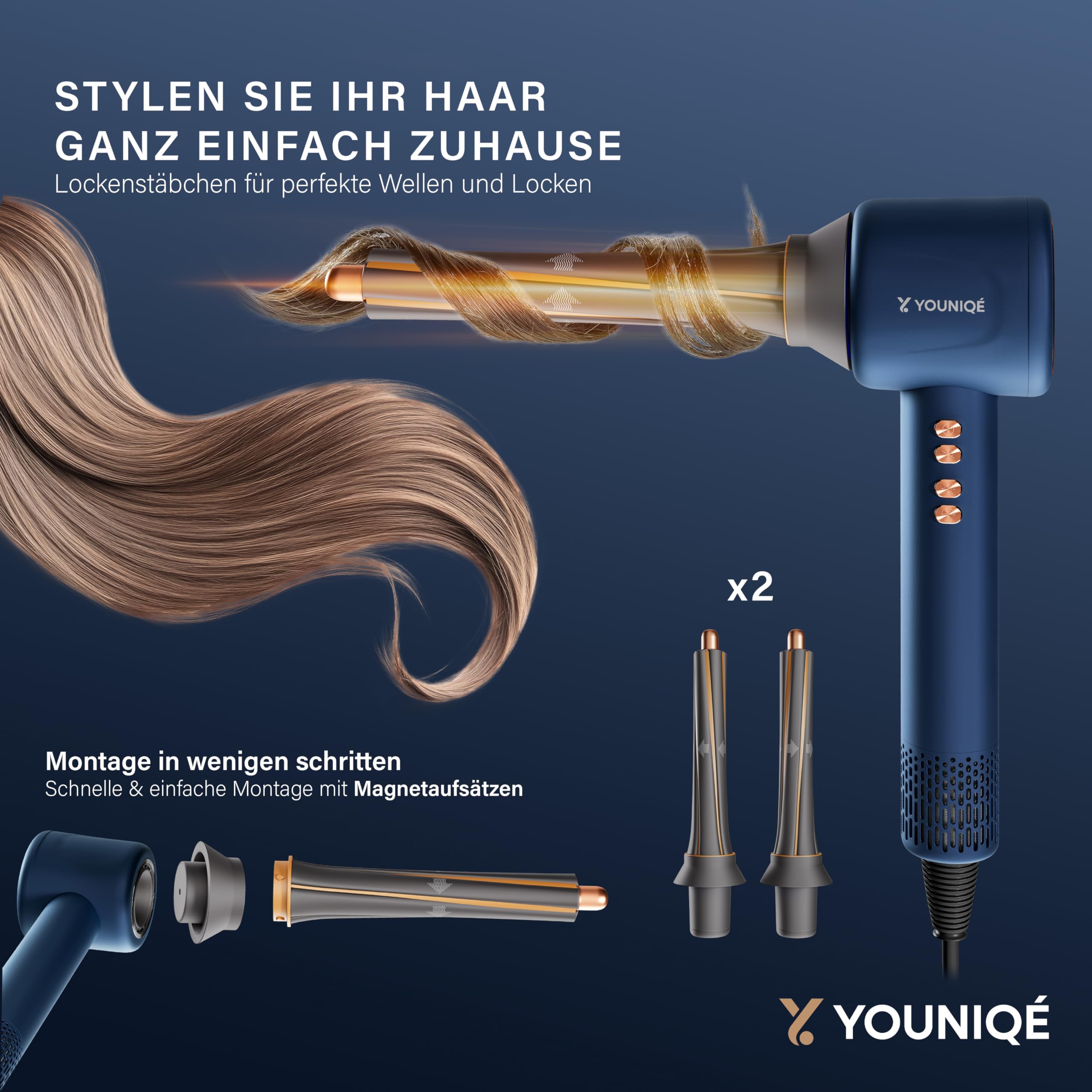 Haartrockner – 5-in-1 Föhn mit Ionen-Technologie, Lockenstab, Glättdüse, Diffusor & Konzentrator – 1600W, LED-Anzeige, 4 Temperaturstufen, Magnetaufsätze – Ergonomisch – Blau/Gold