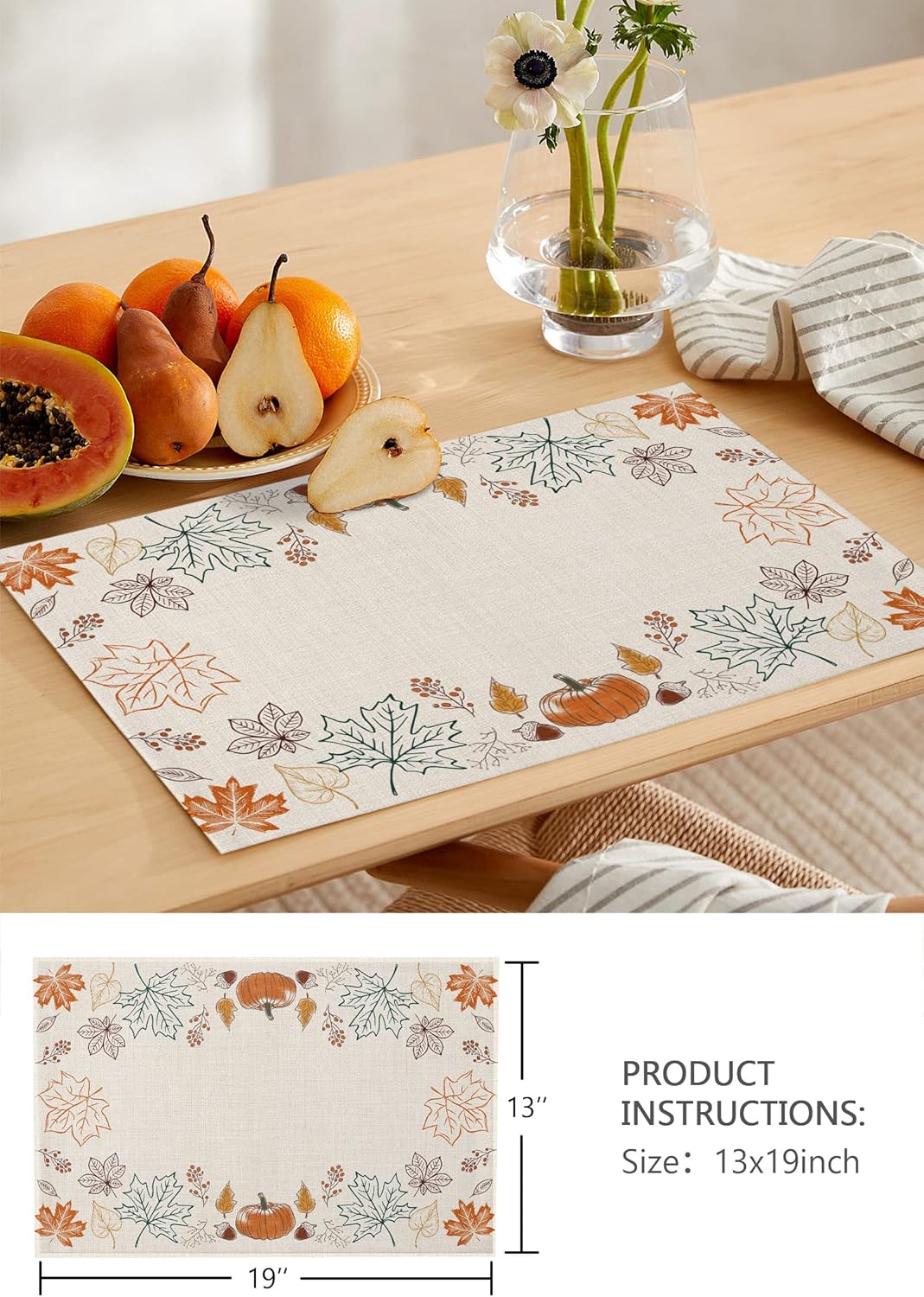 Fall Placemats Set of 4 Pumpkin Pine Cones Maple Leaf Autumn Leaves Thanksgiving Place Mats for Dining Room Dinner Table Washable Table Mats Kitchen Party Decorations