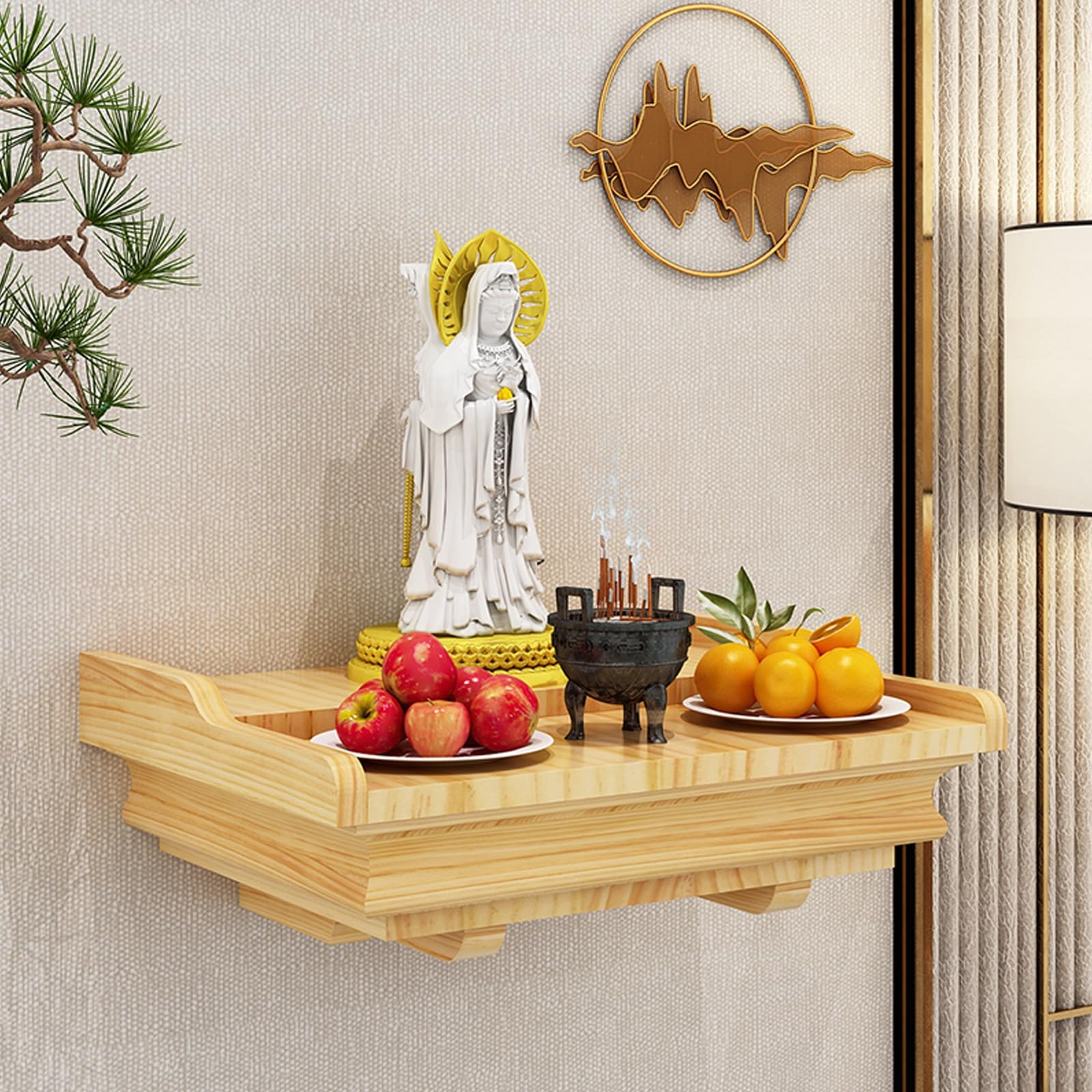 JNTFNE Wall mounted/desktop solid wood buddhist altar God Of Wealth Guanyin Cabinet Household Hanging Shrine Altar Table,Used to Place Photos, Souvenirs etc(Wood,Small)