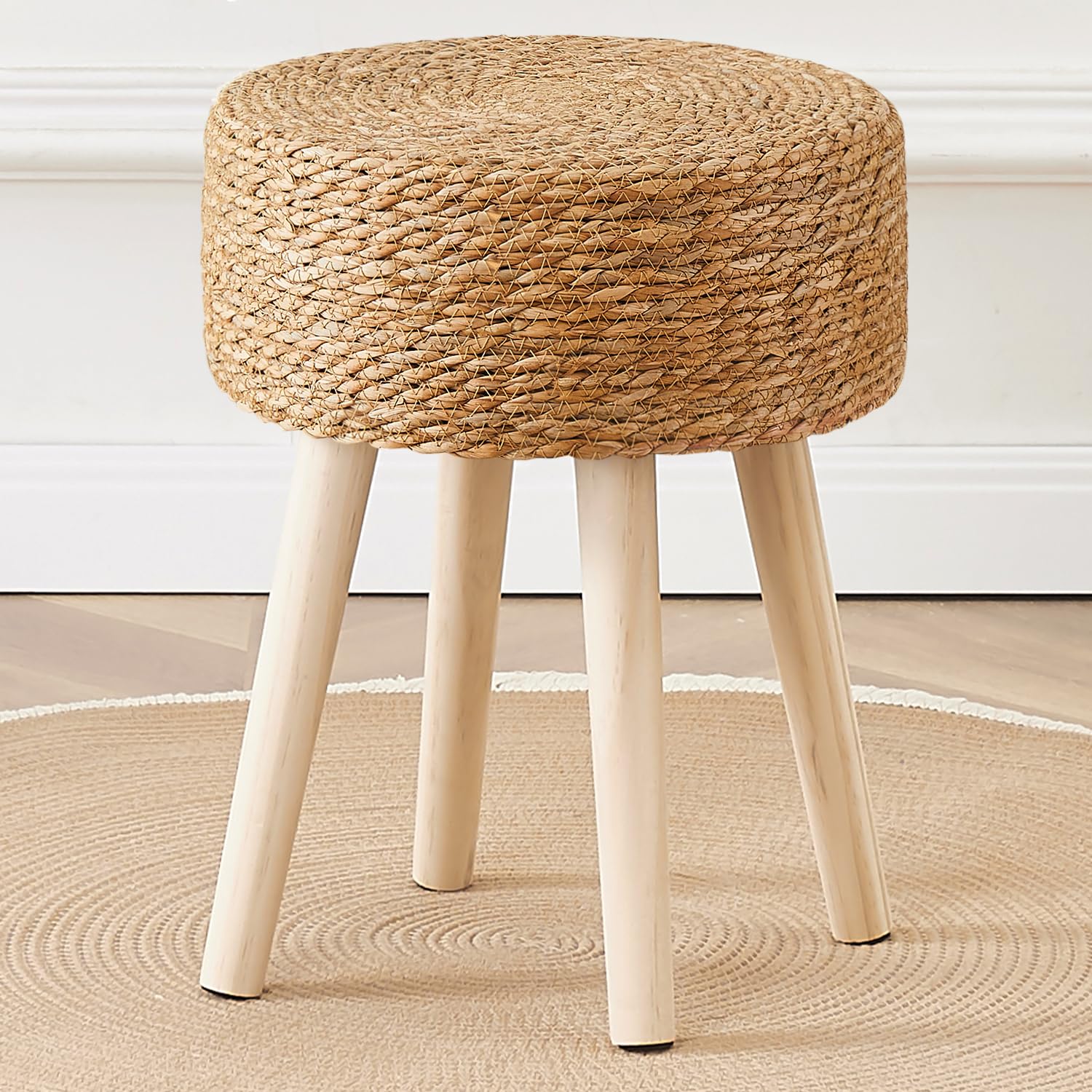 Cpintltr Round Ottoman Footstool Foot Stool Pouf Ottomans with Solid Wood Legs Hand Weave Hyacinth Footrest Step Stool for Living Room Balcony Garden Natural Seagrass