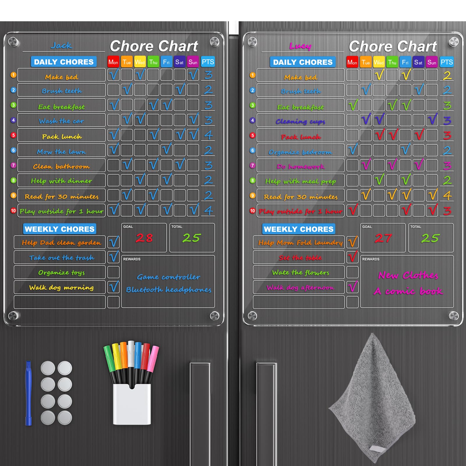 2-Pack Acrylic Magnetic Chore Chart for Kids, 12"x16" Daily/Weekly Easy-Check Reward Responsibility to Do List, Fridge Dry Erase Board for Multiple