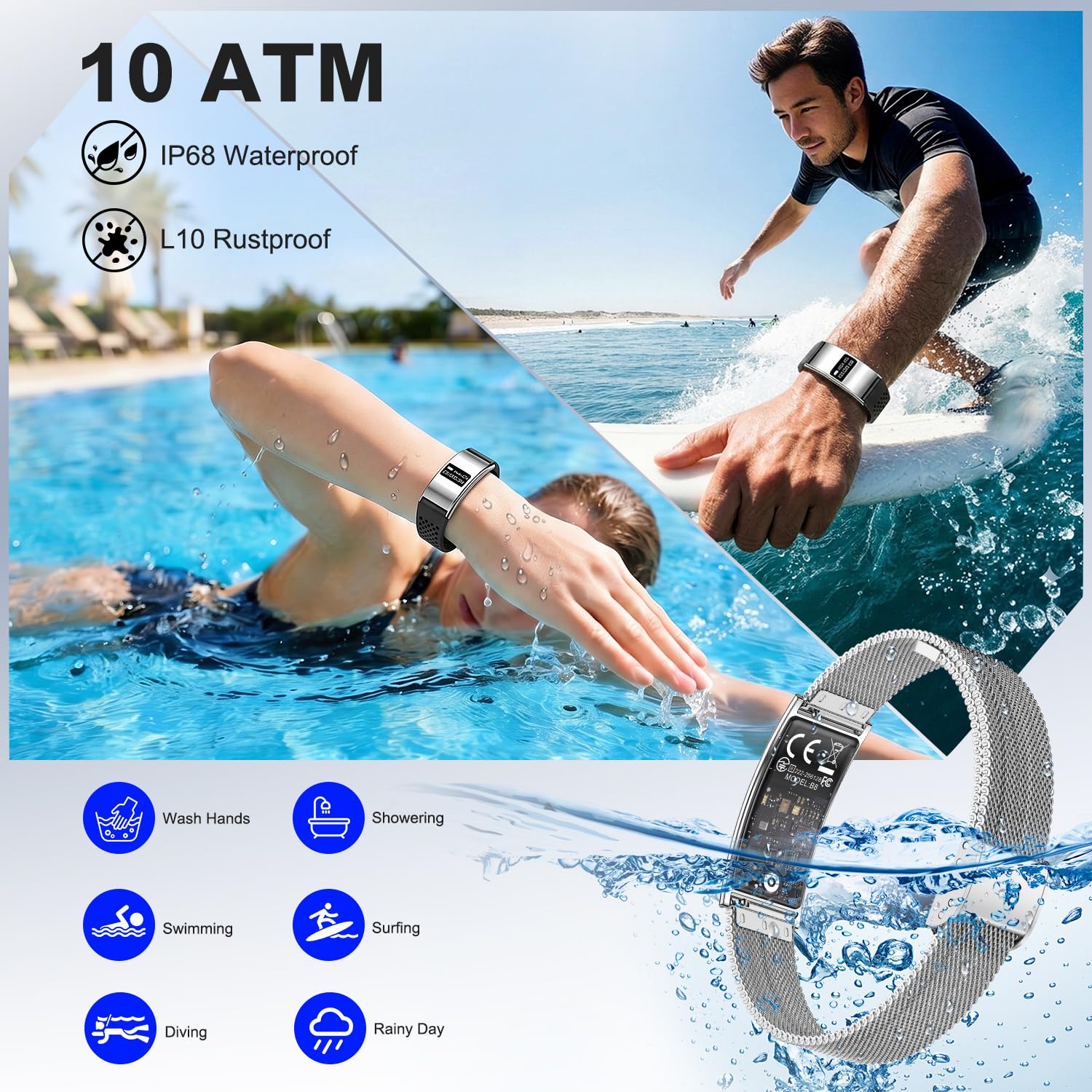 Fitness Tracker Smartwatch dla Kobiet i Mężczyzn, 24-godzinny monitor tętna i SpO2, monitor snu, 20 trybów sportowych, licznik kroków, wodoodporna IP68, smartwatch 2 paski dla Android iOS (srebrny)
