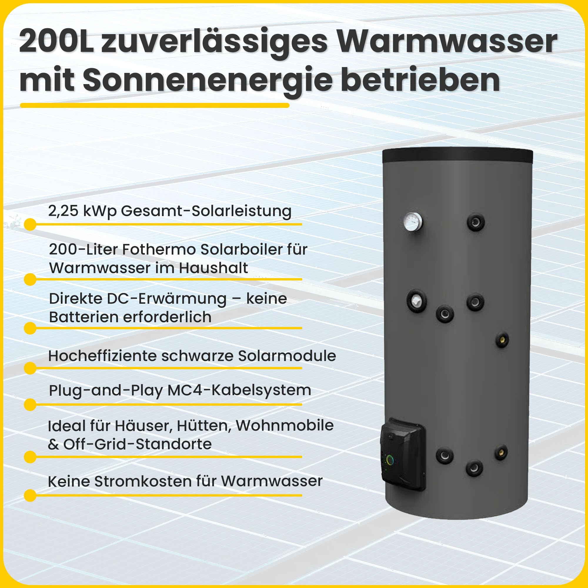 Calentador de agua solar Offgridtec 450W con caldera híbrida Fothermo 30L, listo para usar, fuente de alimentación de emergencia 230 V hasta 1500 W, 65 °C máx. Rendimiento del 22,52%, IP24/IP68