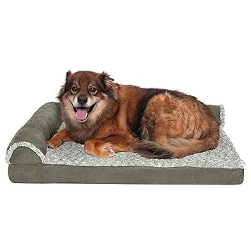FurHaven Pet Dog Bed | Deluxe Memory Foam Chaise Faux Fur & Suede L-Shaped Lounge Sofa Pet Bed for Dogs & Cats, Dark Sage, Large
