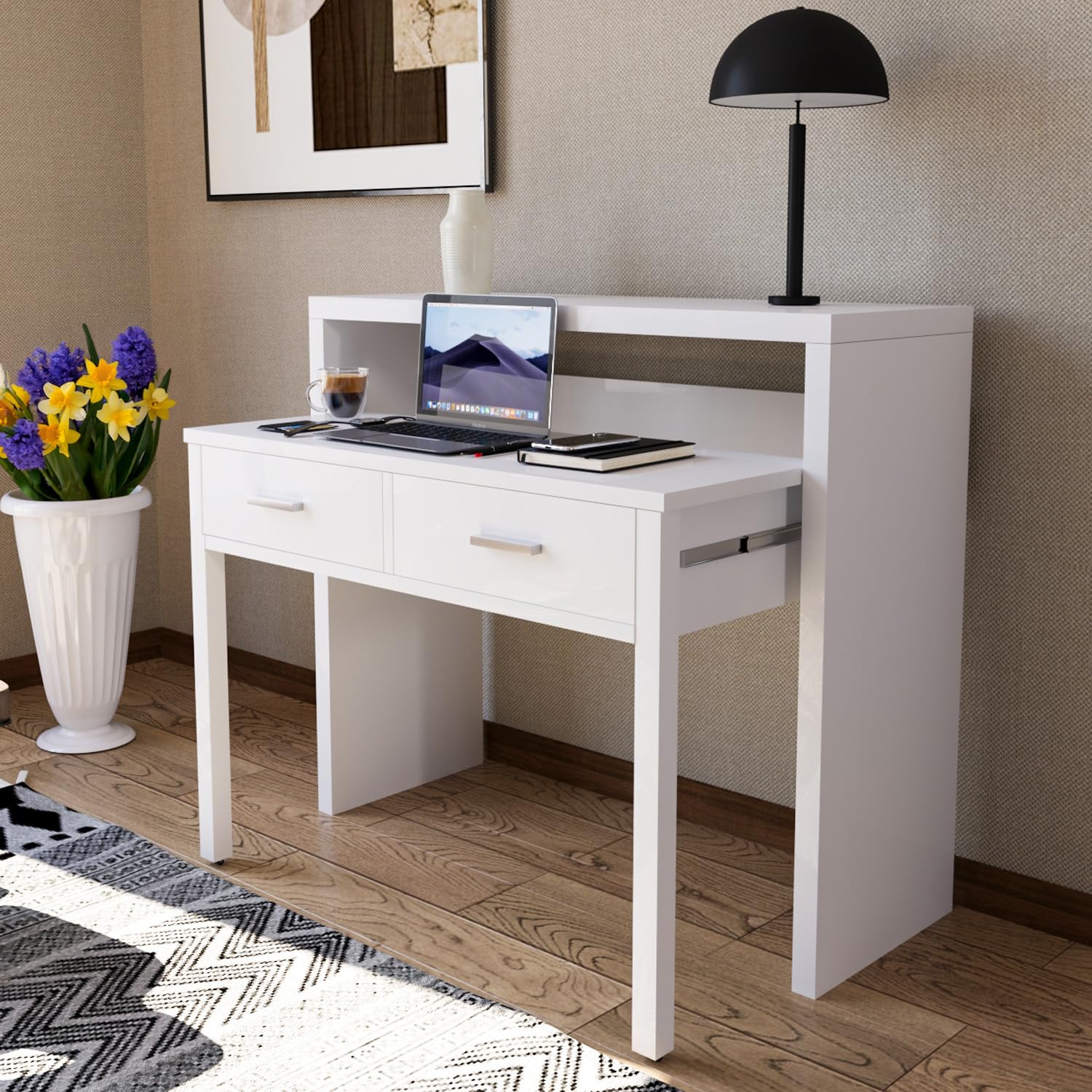 Arreditaly Consolle Allungabile Scrivania Con 2 Cassetti Scrittoio Ufficio Cameretta Salvaspazio Scrivania Estensibile Design Arredo Casa Guide Metalliche 98.5 x 36 x 87.5 cm Bianco