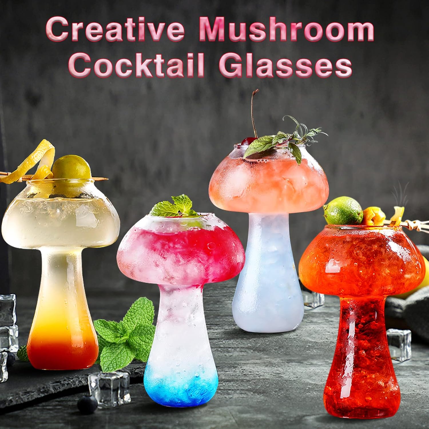 SuproBarware Mushroom Glasses Mushroom Cocktail Glass Cup Set of 4 Clear Mushroom Shaped Drinks Cups 8oz/250ml Wine Glasses for Party Novelty Drinking Glassware for KTV Bar Club (Transparent)