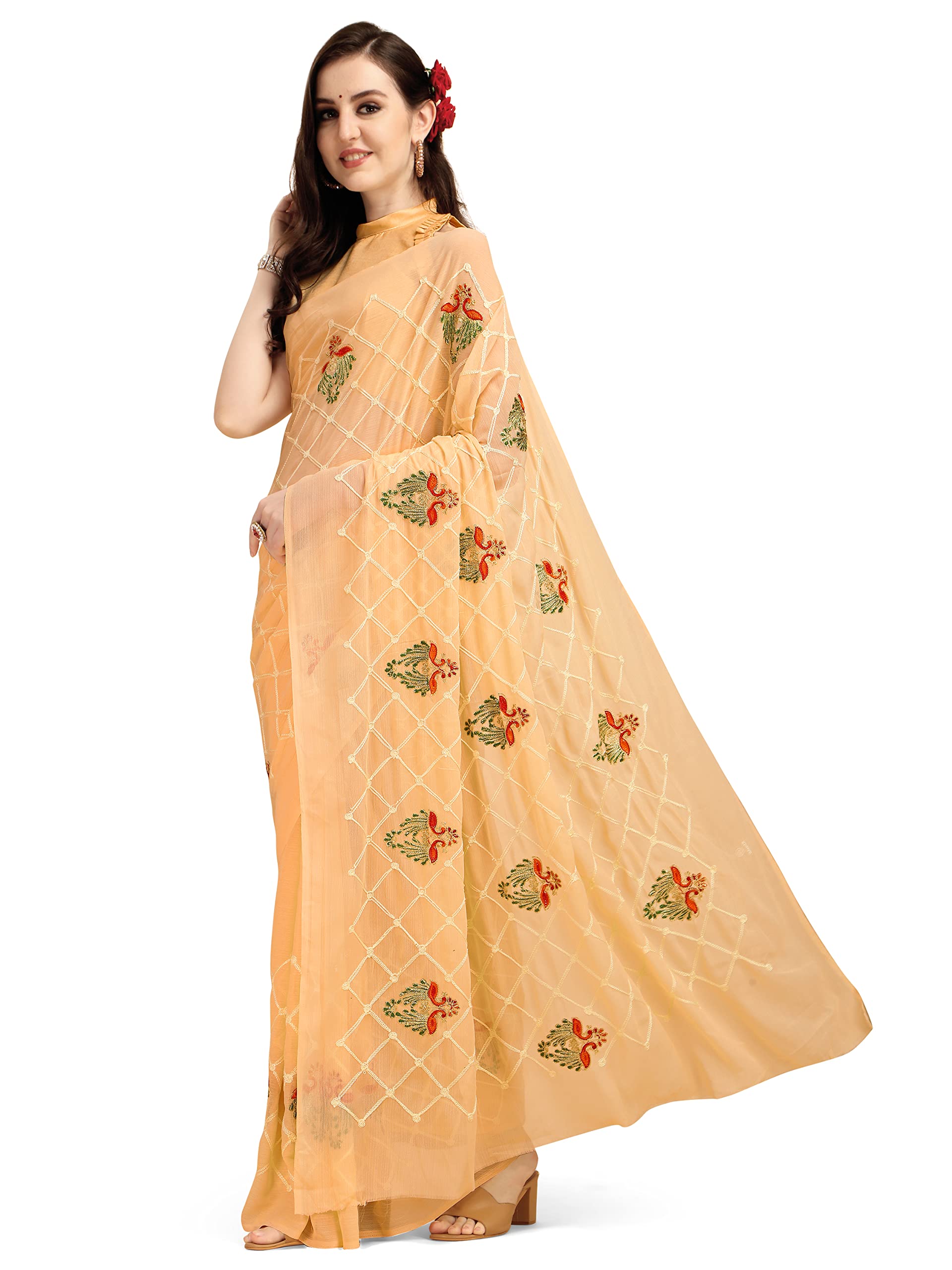 EthnicJunctionWomen's Embroidered work Georgette Saree with Blouse Piece