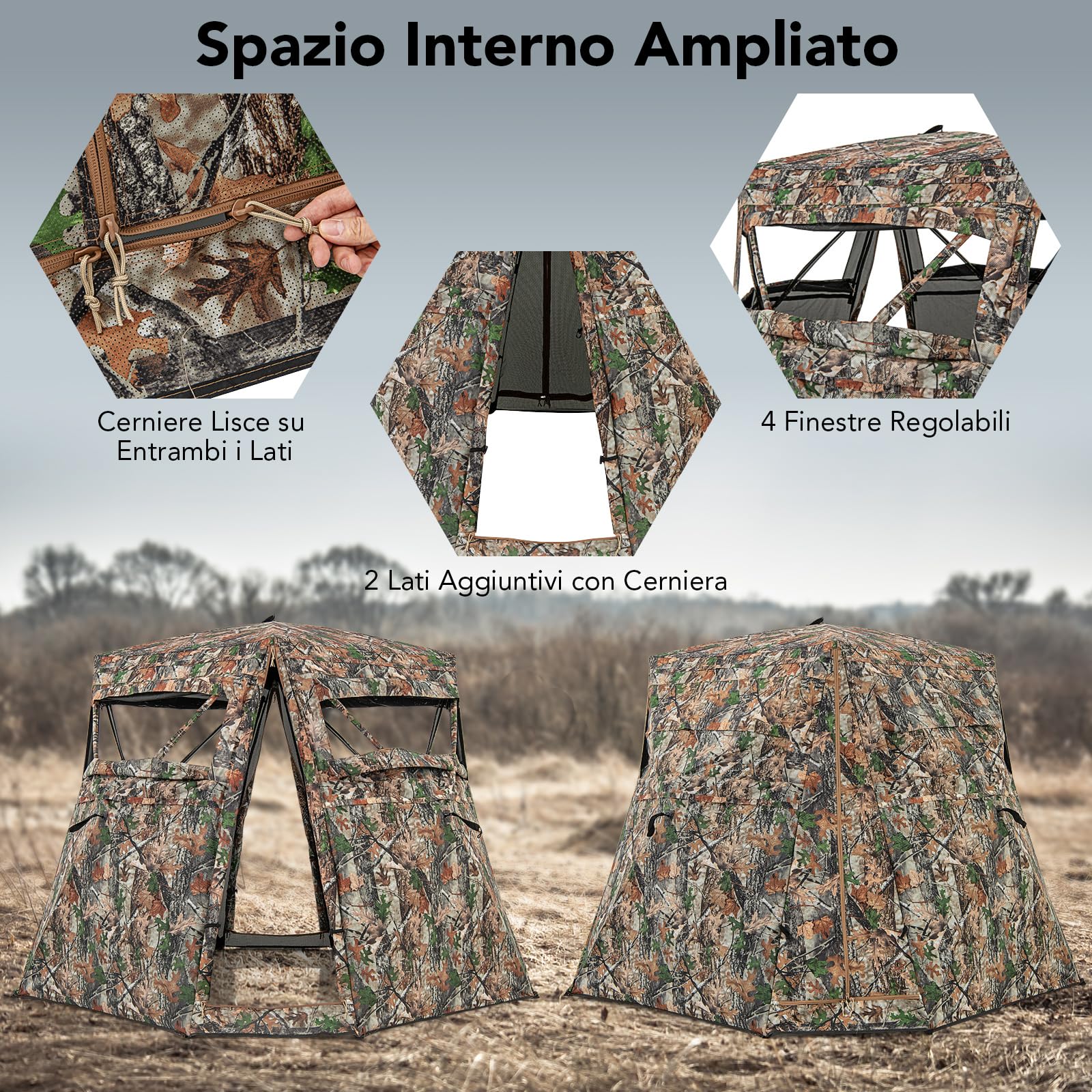 COSTWAY Tenda Mimetica per Caccia, 2-3 Persone, Visione a 360°, Camouflage, 249 x 211 x 175 cm