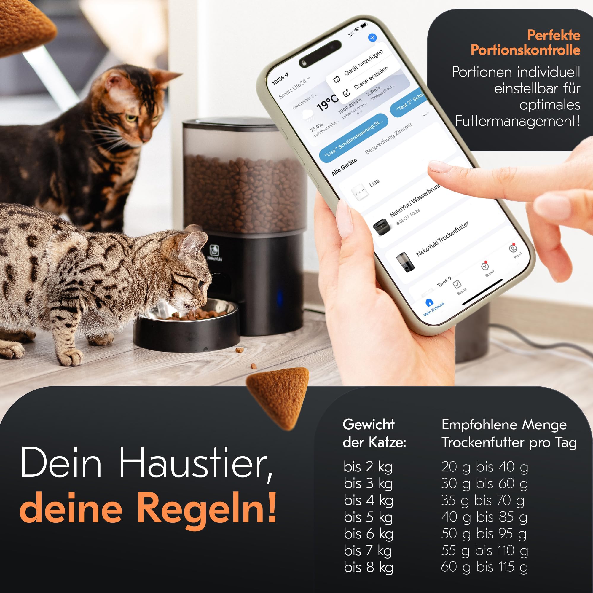 Futterautomat & Katzenbrunnen 2-in-1 | App-gesteuert, 3L Trinkbrunnen, automatischer Futterspender für Katzen | leise, hygienisch, mit Batterie-Notbetrieb