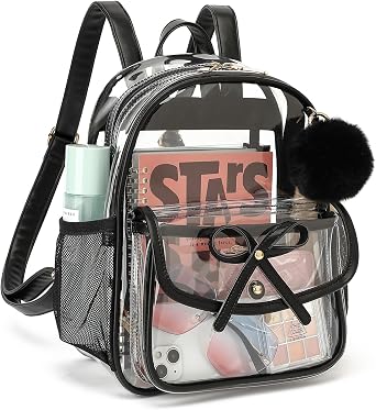 Clear Backpack for Stadium Events 12x12x6, Thick PVC Small Clear Bag with Leather Trim Fashion Women Backpack