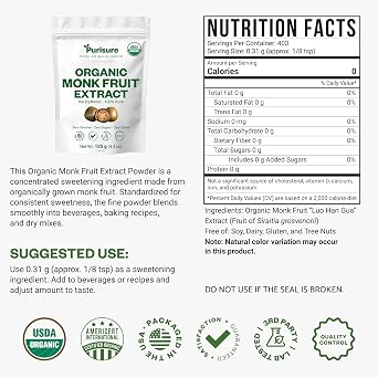 Organic Monk Fruit Extract Powder, 125g (4.4oz), No Fillers Pure USDA Organic Monk Fruit Extract Sweetener with No Aftertaste, Zero Calorie & Zero Carbs, Keto & Paleo Friendly 403 Servings