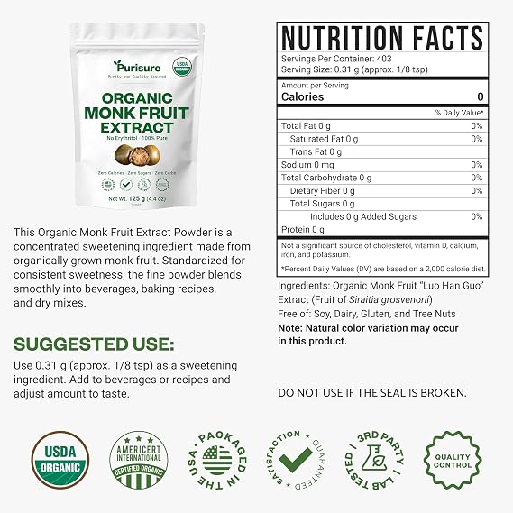 Organic Monk Fruit Extract Powder, 125g (4.4oz), No Fillers Pure USDA Organic Monk Fruit Extract Sweetener with No Aftertaste, Zero Calorie & Zero Carbs, Keto & Paleo Friendly 403 Servings