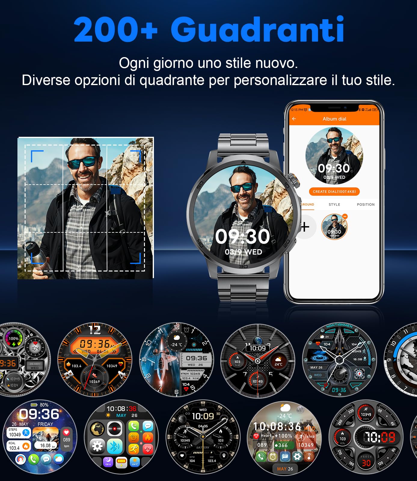 FEELNEVER Smartwatch Uomo, Smartwatch Militare Uomo Fitness con Chiamate Bluetooth,1.85" Orologio Intelligente 110+ Modalità Sportive/1000 mAh/Sonno/Torcia per Android IOS, Nero Arancione