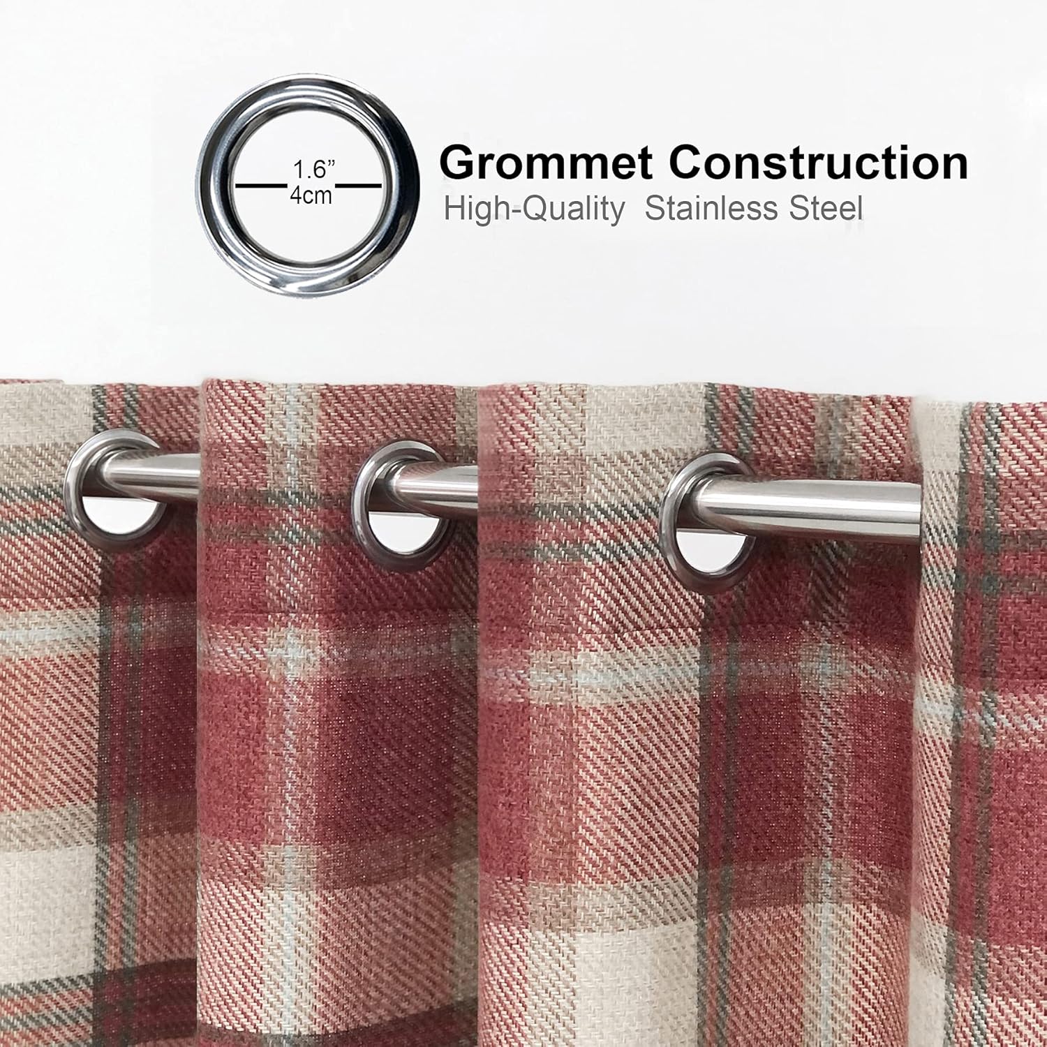always4u Classic Red Plaid Curtains Highland Woolen Look Tartan Farmhouse Window Treatment Grommet Checked Curtains for Living Room Bedroom 2 Panels 45 * 95 Inches