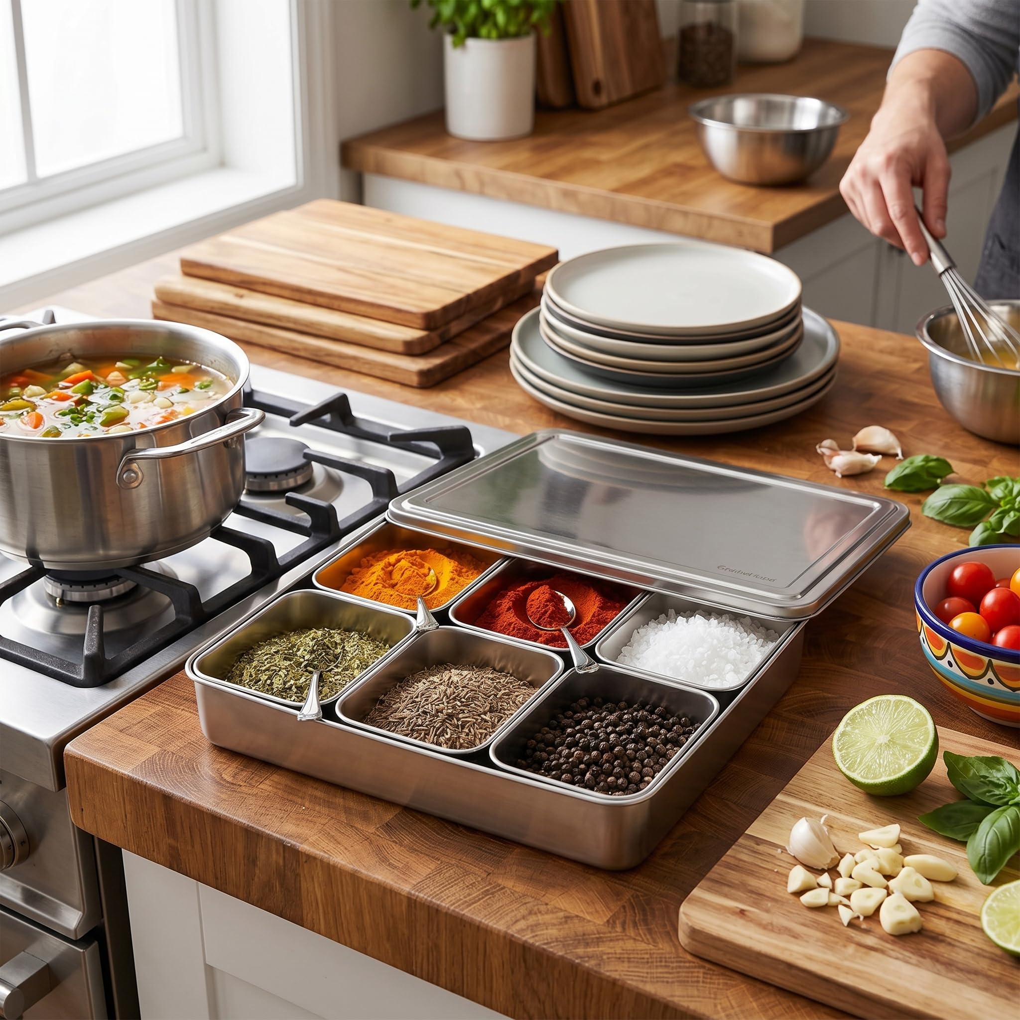 Haofy Scatola per condimenti in acciaio inox, contenitore per condimenti con 6 griglie, set di contenitori per spezie con cucchiai, utensili da