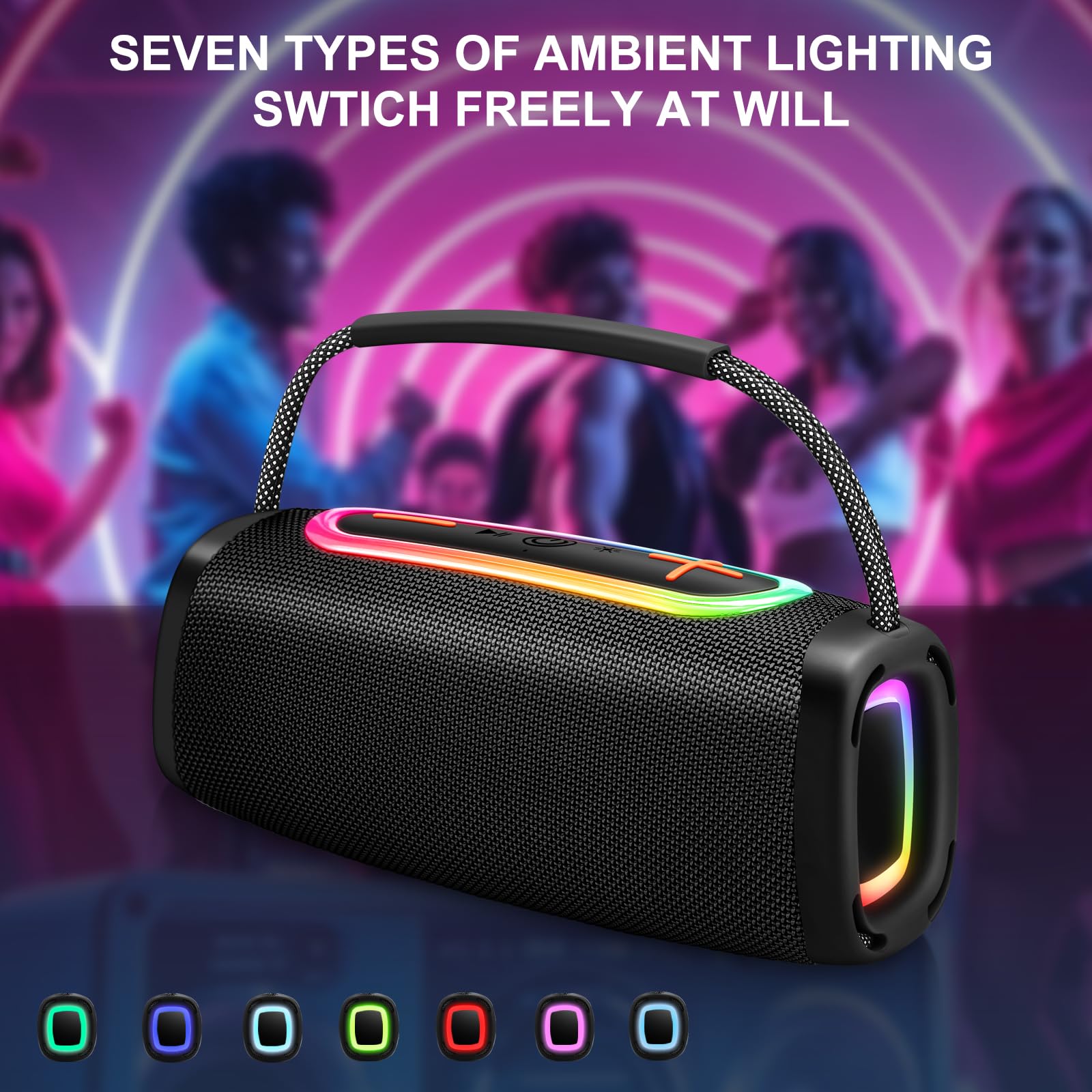 Donerton Altavoz Bluetooth Potente, Altavoz Portátil con 6000 mAh y hasta 36 h, Bluetooth 5.4, Sonido Estéreo 60W, Graves Potentes, Luces LED, Micrófono y Asa para Fiestas, Viajes, Camping y Exterior