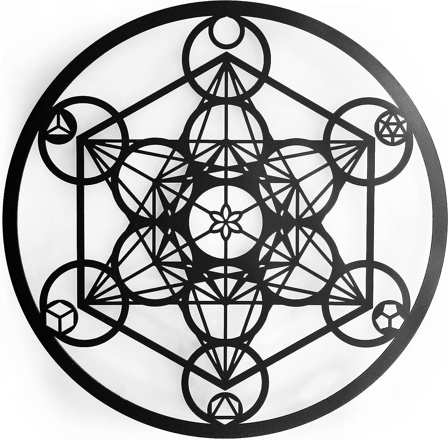 Decoración de metal. Escultura de pared flotante, con sombras, de acero. (43 x 31 cm., Cubo Metatron)