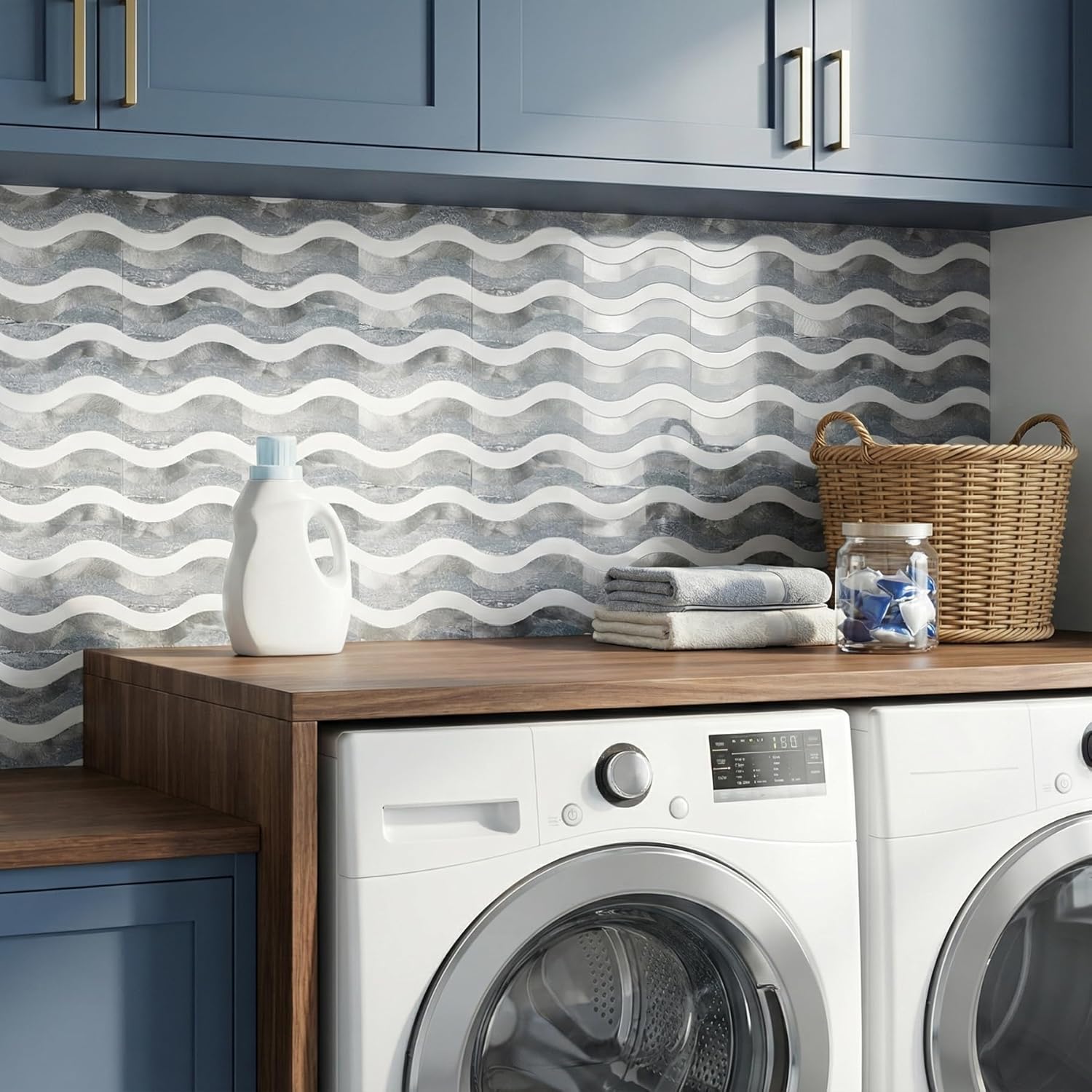 10-Sheets Peel and Stick Backsplash Tiles, Seamless Stick on Tiles for Kitchen Wall and Bathroom,Blue Marble & Polished White PVC Mixed Metal Silver Self Adhesive Wall Tiles