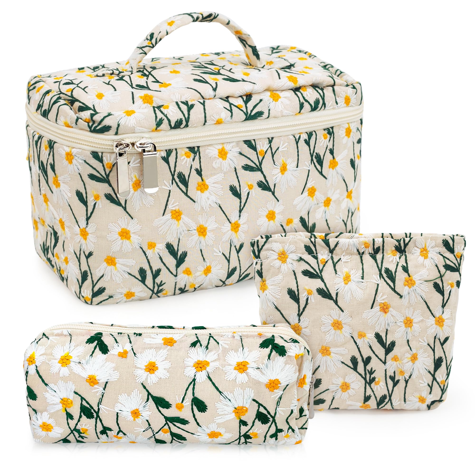 SHEPIN 3er Set Kosmetiktasche Damen Kulturtasche Schminktasche Stickerei Gänseblümchen Waschtasche Reise Kosmetikbeutel Make Up Toiletry Bag Beautycase Kulturbeutel Geschenk für Frauen Mädchen (Beige)