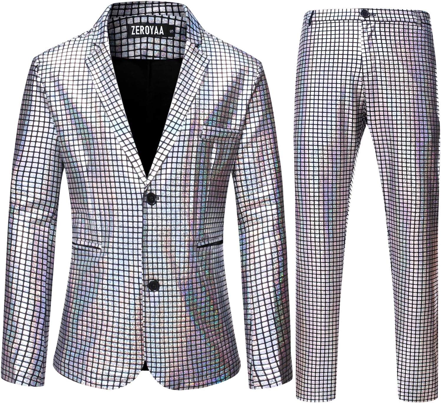 ZEROYAA Men's Metallic Shiny Suits Disco Sequin Blazer and Pants 2 Piece Sets for Party Prom