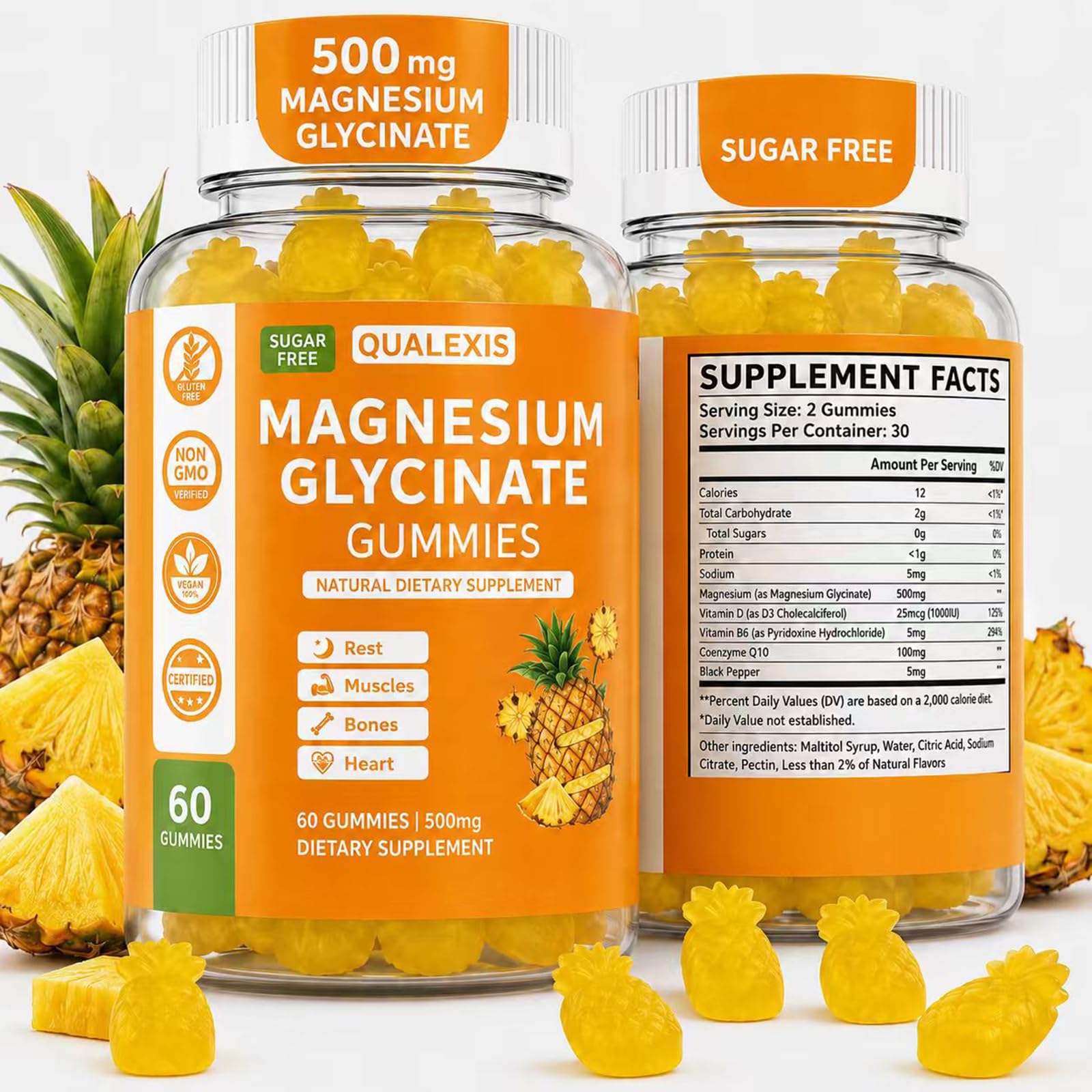 Magnesium Glycinate Gummies 500mg, High Absorption Magnesium Complex Supplement for Women and Men, Muscle Support and Relaxation, Sugar Free, Vegan, 30 Days Supply