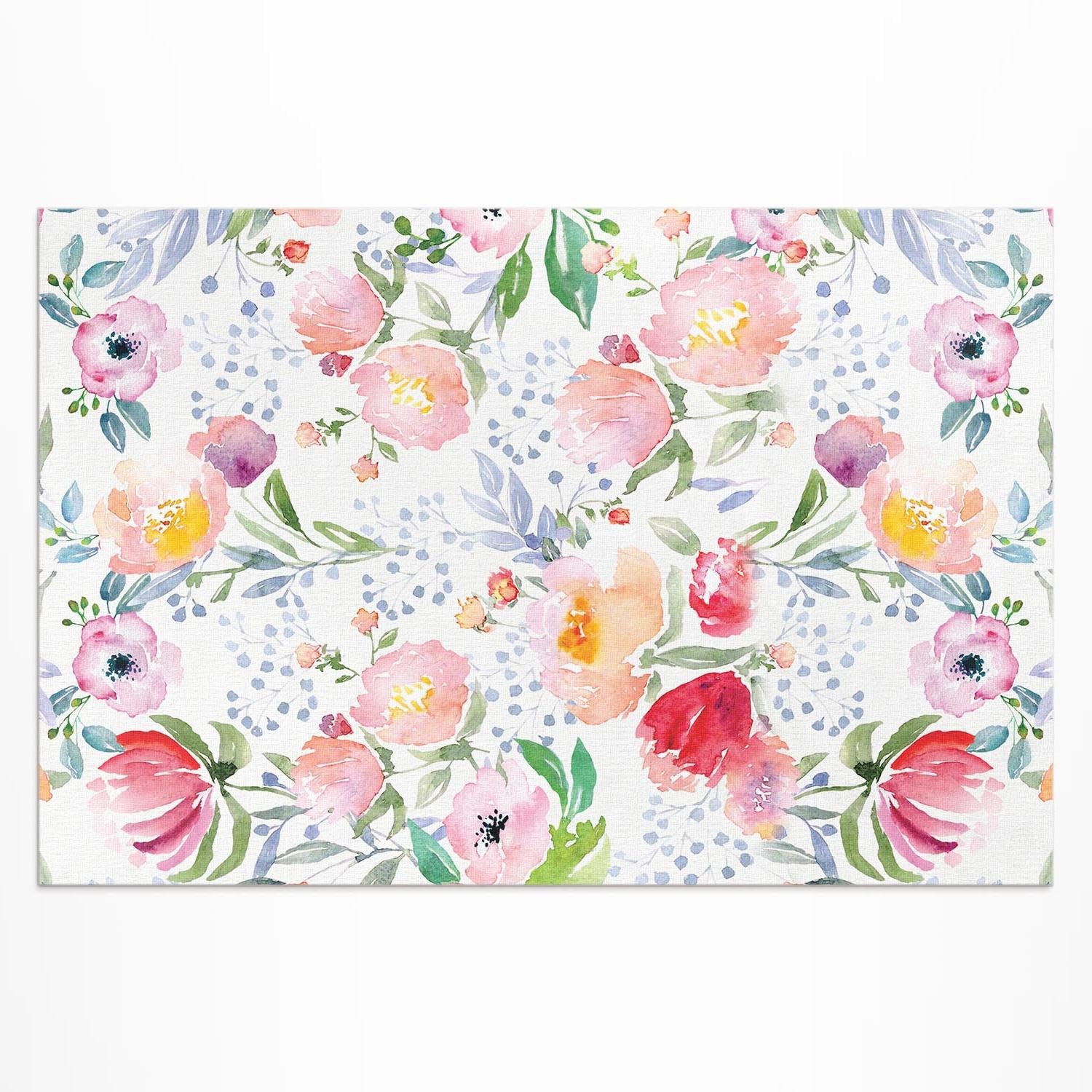 Tapis d'extérieur 60x90 cm PVC motif fleurs aquarelles pour déco balcon
