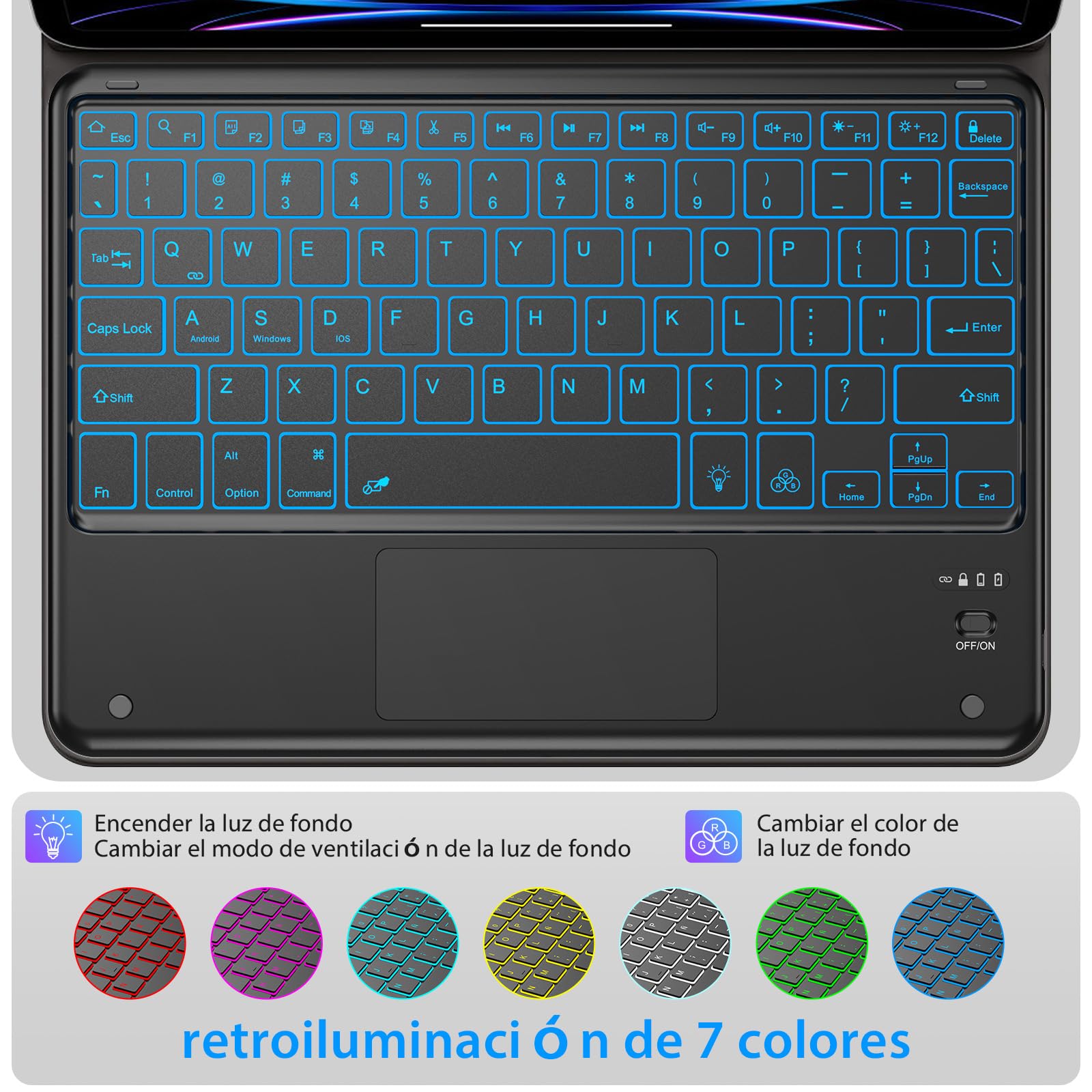 KBCASE Teclado con TouchPad, Teclado Bluetooth Inalámbrico Español para Tablet iPad/iOS/Android/Windows/iPad Pro/iPad Air/iPad Mini, Samsung, Lenovo, Huawei, iPhone y Retroiluminación de 7 Colores