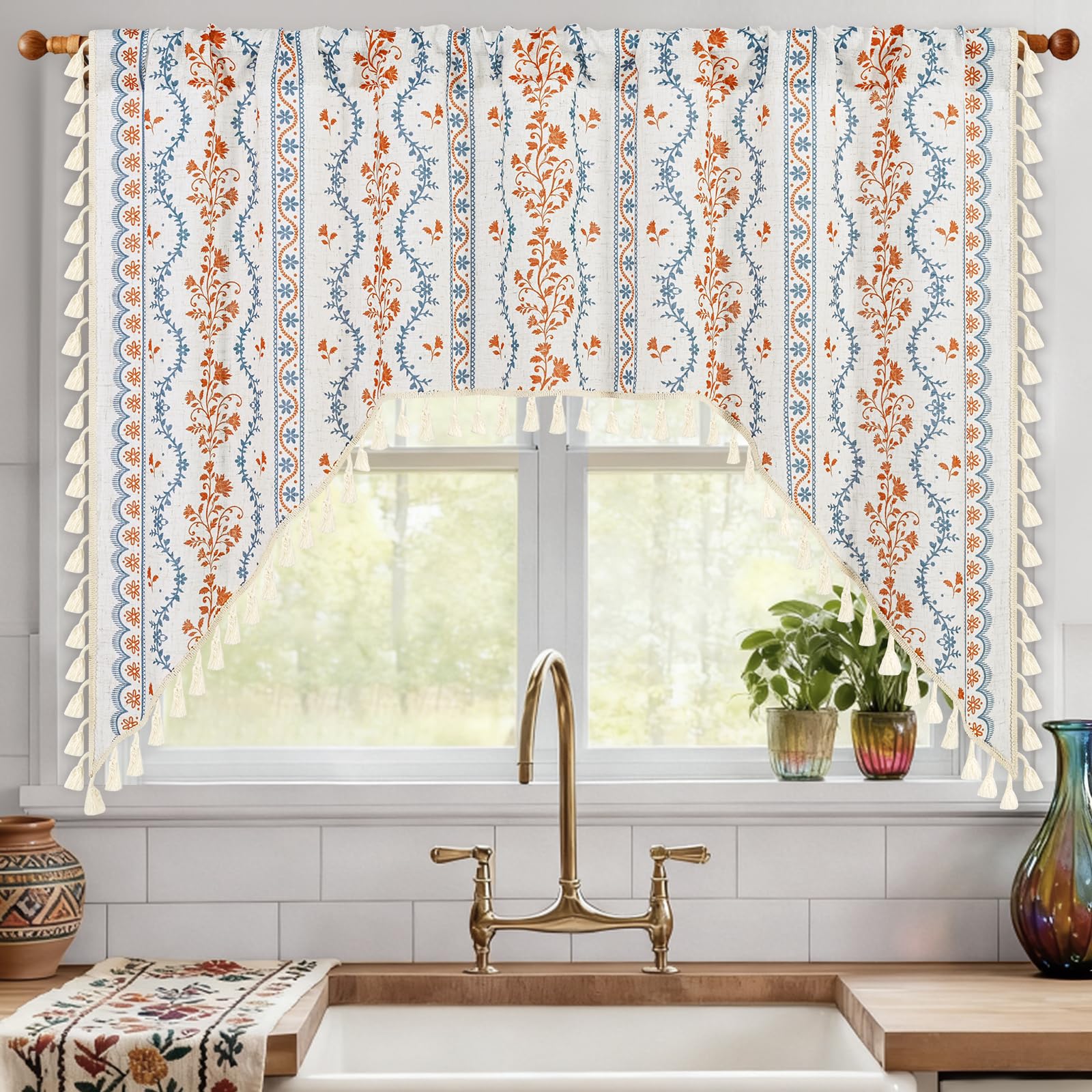 Yinhua Boho Swag Valance Curtains Vintage Linen Valances for Windows Light Filtering Floral Kitchen Valance Rod Pocket Rustic Tassel Window Valances for Bathroom, 60" W x 36" L, Blue Orange Floral