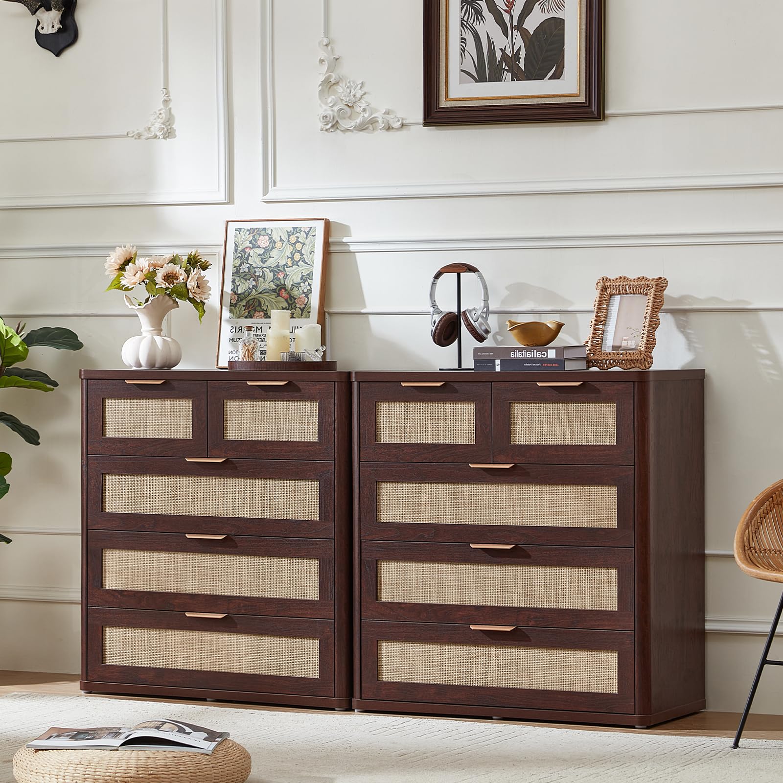 LEYAOYAO Dresser for Bedroom Set of 2, 33.5" Tall Chest of Drawers, Modern 5 Drawers Boho Rattan Dressers with Storage, Dresser Wooden Closet Organizer for Living Room, Hallway
