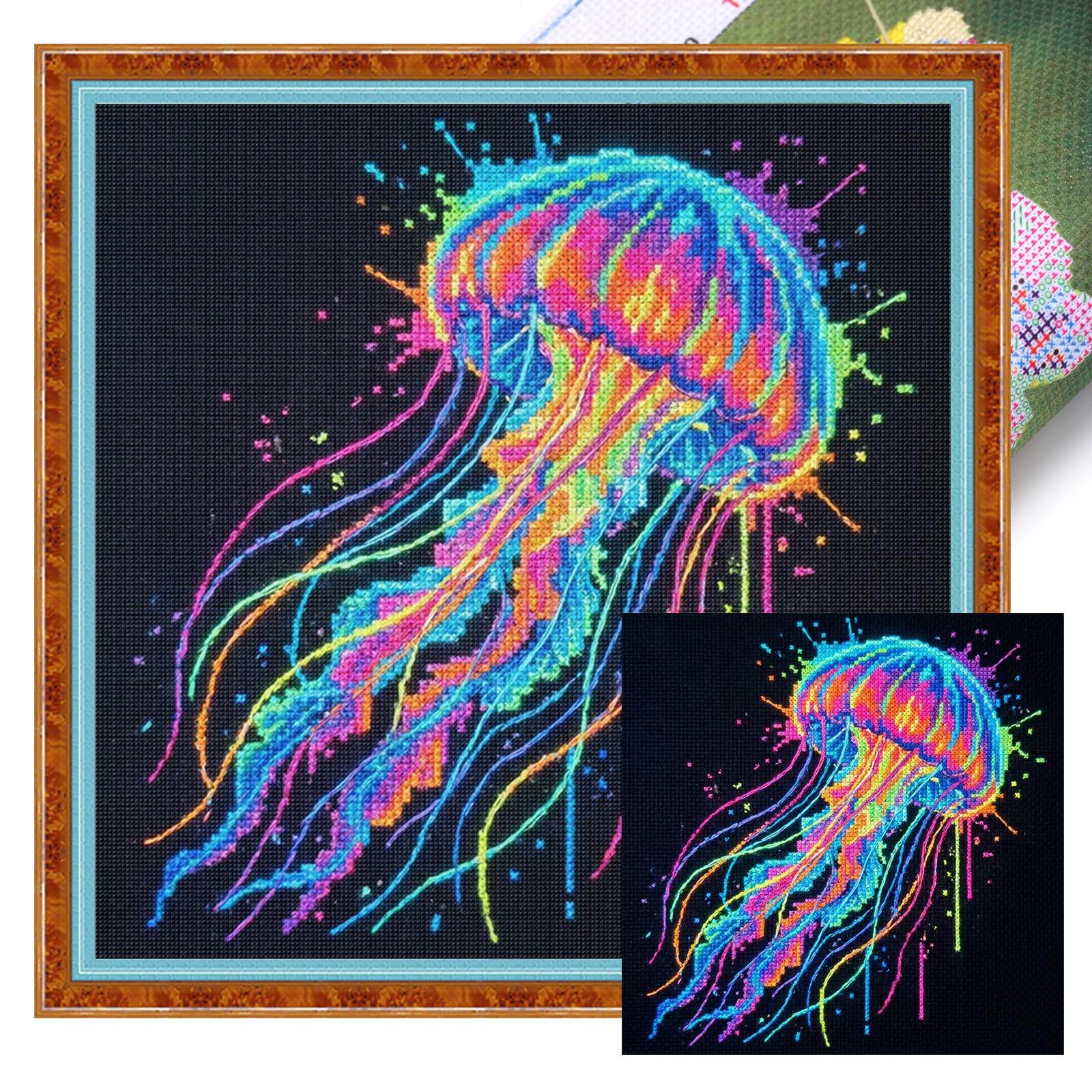 Poetrydraw Colorful Splash Jellyfish Cross Stitch Kit 14Ct Diy Embroidery Starter Set 11.81X11.81in For Beginners & Home Decor