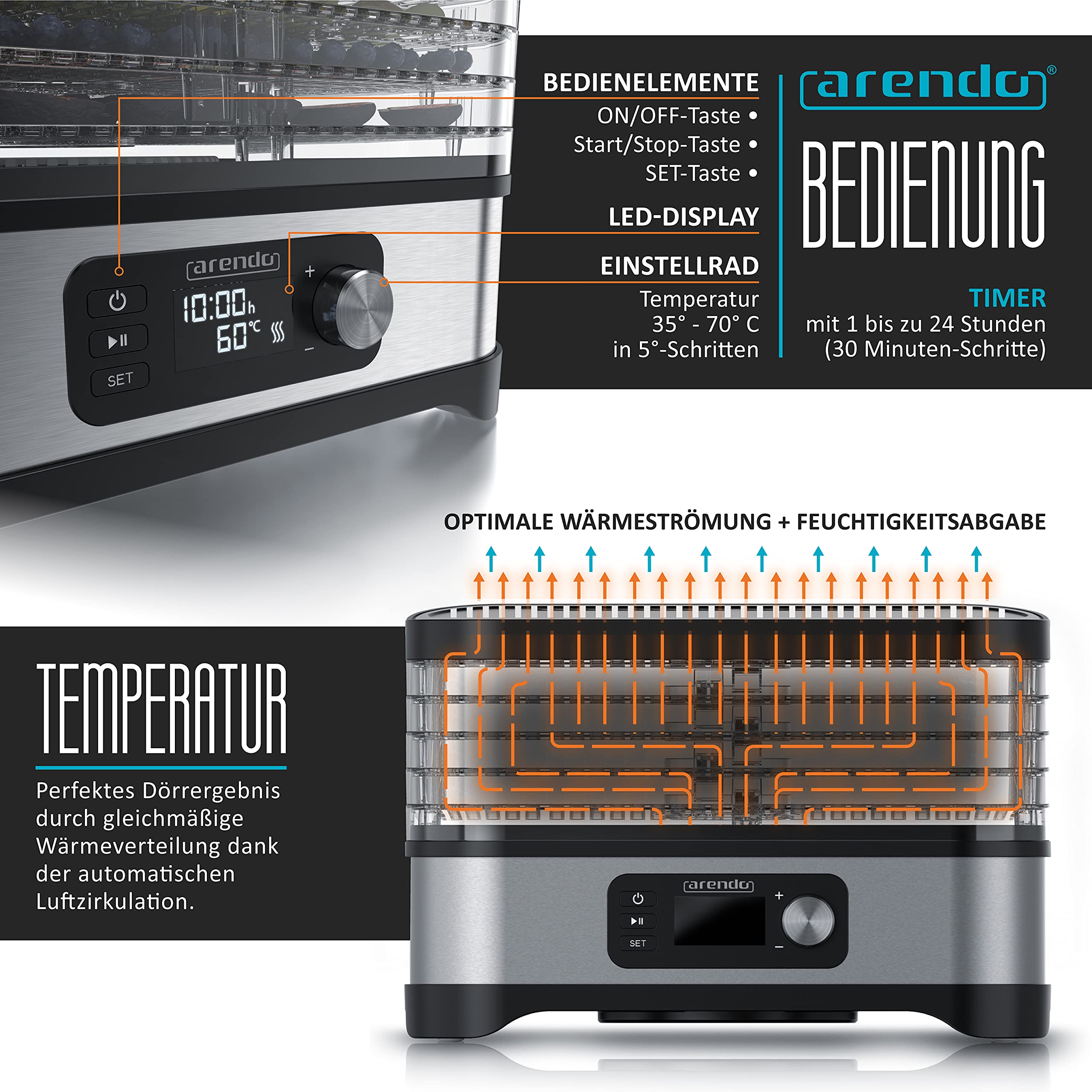 Arendo - Deshidratador con regulador de temperatura 400 W - Deshidratador de acero inoxidable para alimentos, carne, frutas, verduras - con temporizador de hasta 24 h - 35-70 grados - 5 compartimentos
