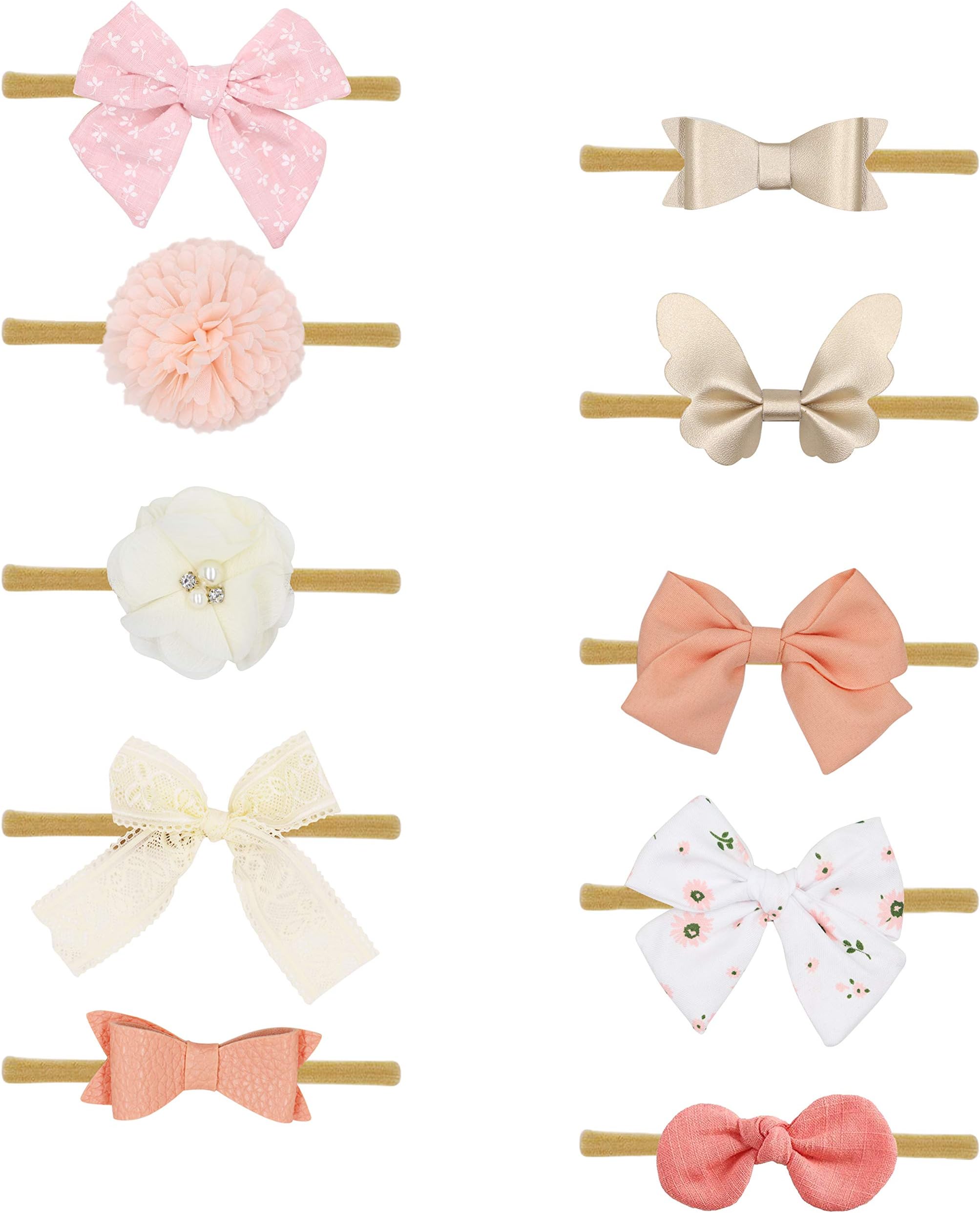 Fancy Clouds Baby Girl Headbands Fabric Linen Bows Flowers,10 Pack Hair Accessories for Newborn Infant Toddler Gift