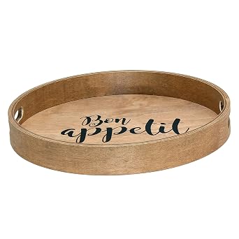 Elegant Designs HG2013-NBA Chef Kitchen Decorative 13.75" Round Wood Serving Tray w/Handles, Natural Wood Bon Appetit