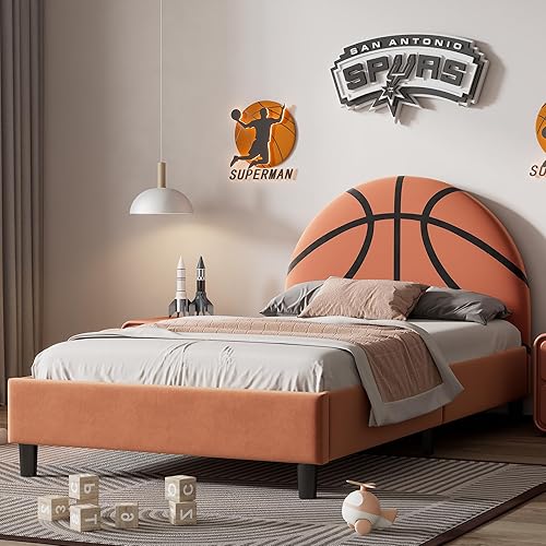 Miniatura 8 de SOFTSEA Base de cama de tamaño individual con diseño de arco iris para niños, plataforma tapizada con cabecera arcoíris, cama princesa para niñas,