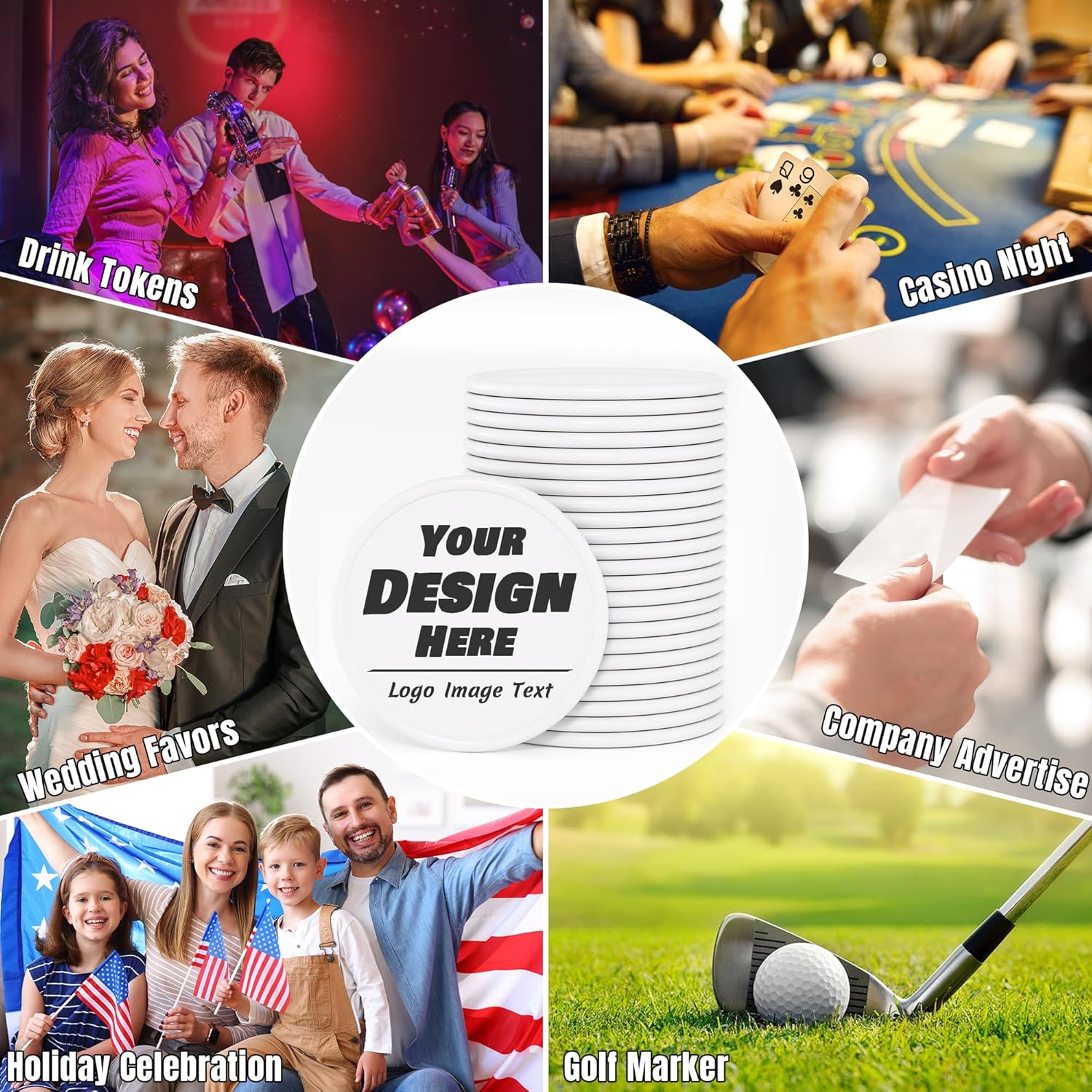 200-1000 Custom Plastic Poker Chips, Drink Token Chips Personalized Double Sided Full Color Printing with Logo Image Text, Custom Tokens for Bar, Party, Business Cards and Promotions