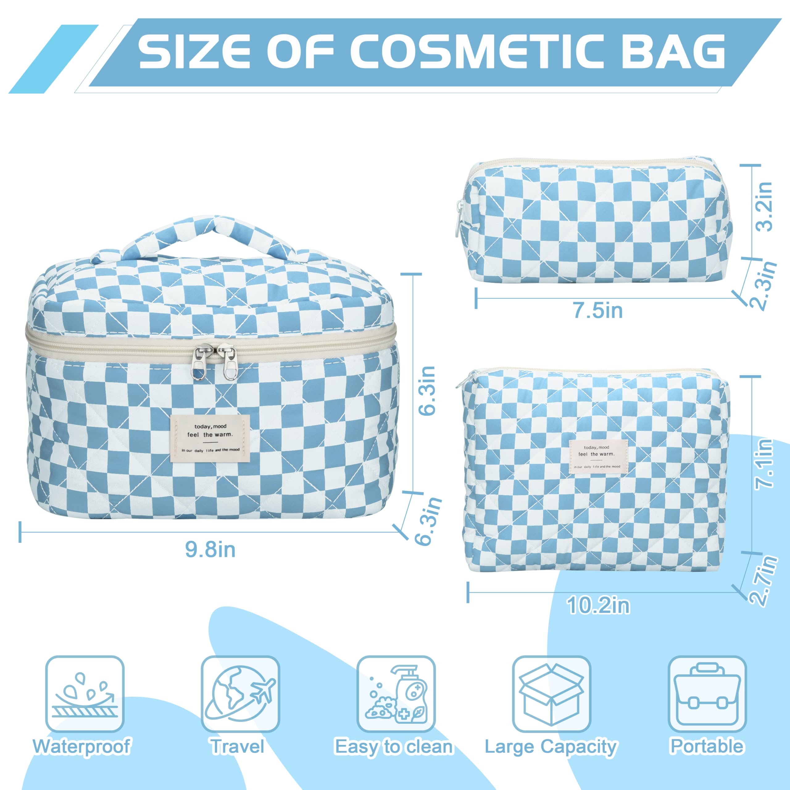 TESAFNG Juego de 3 bolsas de maquillaje acolchadas, bonitas bolsas de maquillaje de algodón floral, bolsa grande de cosméticos estética, bolsa organizadora de artículos de aseo de viaje con flores