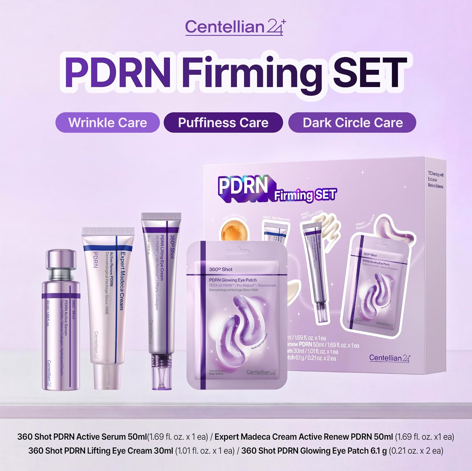CENTELLIAN 24 PDRN Face & Eye Set (4pcs) – Madeca Cream 1.69 fl oz + Eye Cream 1.01 fl oz + Eye Patches (6 sets) + Active Serum 1.69 fl oz, TECA PDRN, Firming, Hydrating, Anti Aging Korean Skincare