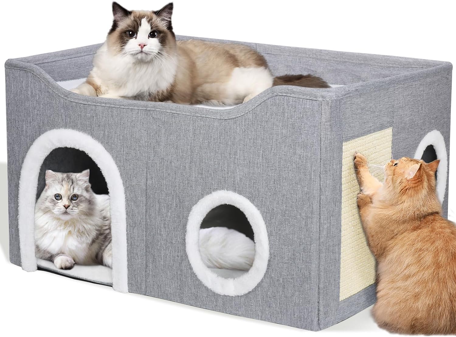 Cat Beds,Large Cat Cave for Pet Cat House with Fluffy Ball Hanging and Scratch Pad,Cat Houses & Condos,cat Cubes,Cat Hideaway, Covered Cat Bed for Multi Small Pet Large Kitty (Grey, 2-Level)