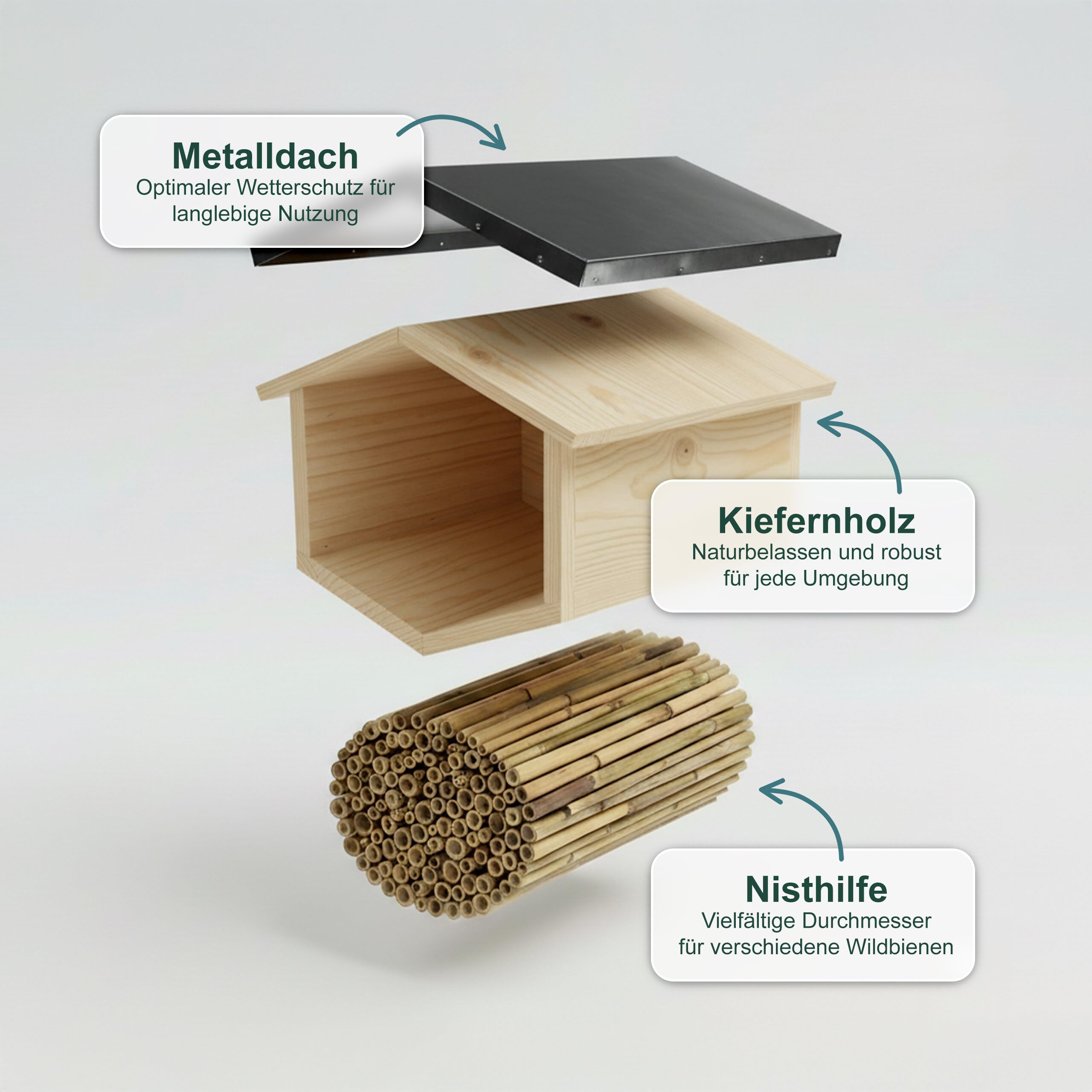 Relaxdays Bienenhotel, Holz, wetterfestes Metalldach, Bambusröhrchen, Garten, Insektenhotel zum Aufhängen, Natur/Silber