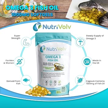 Nutrivolv Ultra Purified Omega 3 Fish Oil Capsules With Essential Fatty Acids EPA & DHA Supports Heart, Eye & Brain Health | 90 Softgel Capsules