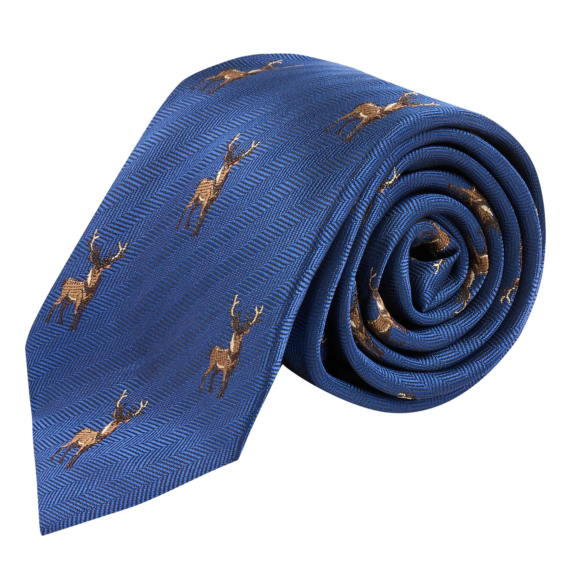 King & Priory Standing Stag Navy Blue Herringbone Embroidered Tie