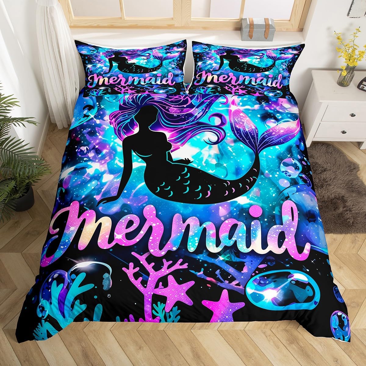 Mermaid Silhouette Kids Duvet Cover Set Toddler Size,Dreamy Fairy Tale Mermaid Princess Bedding Set,Girls Teens Room Decor,Watercolor Blue Purple Bubbles Starry Quilt Cover,No Comforter