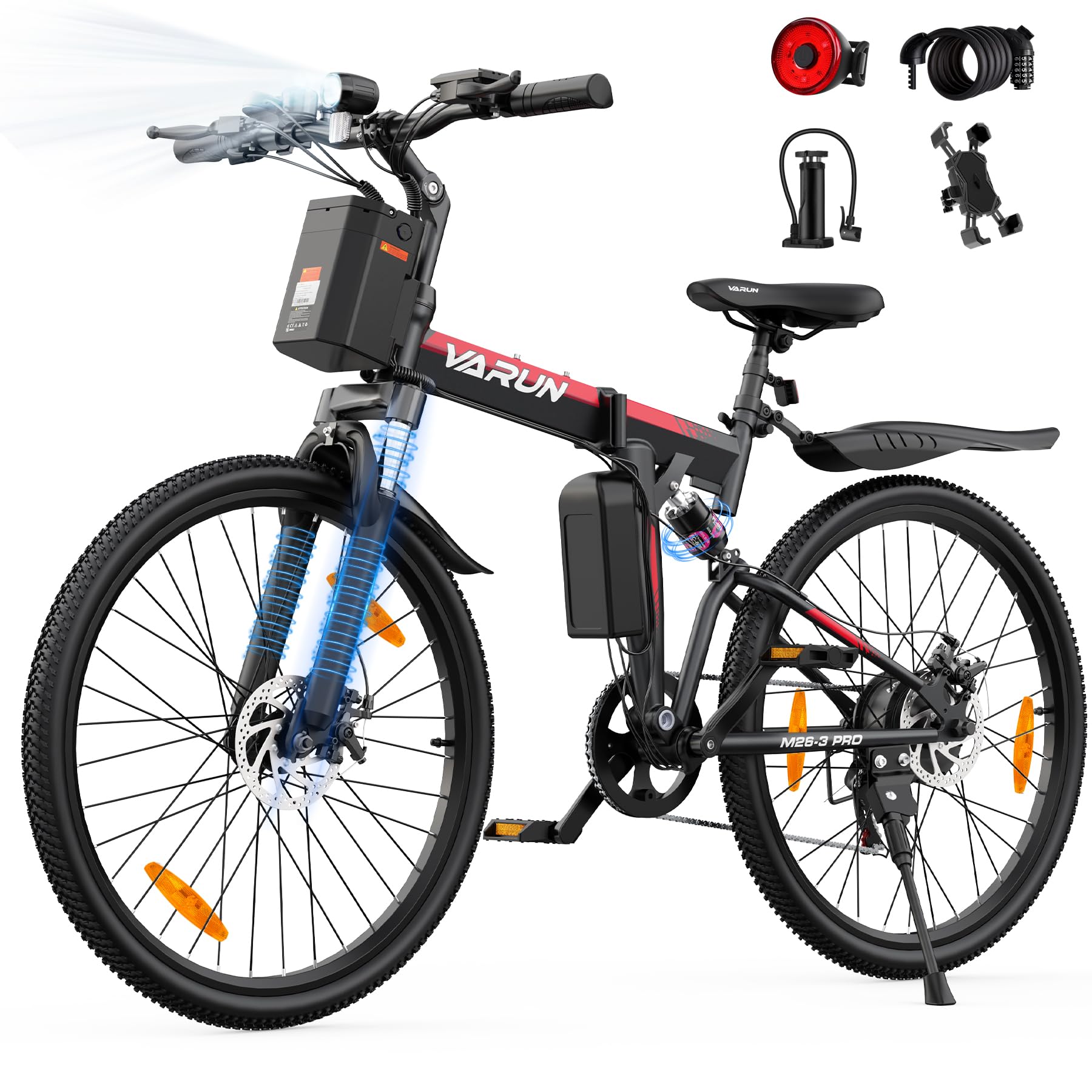 VARUN 26" E Bike Klapprad mit Vollfederung, 48V 374.4 Wh Akku, 250W Motor | E-Bike Herren Damen mit 7-Gang, 25 km/h, LCD Display, E-Mouantainbike für Erwachsene, Reichweite bis 80 km